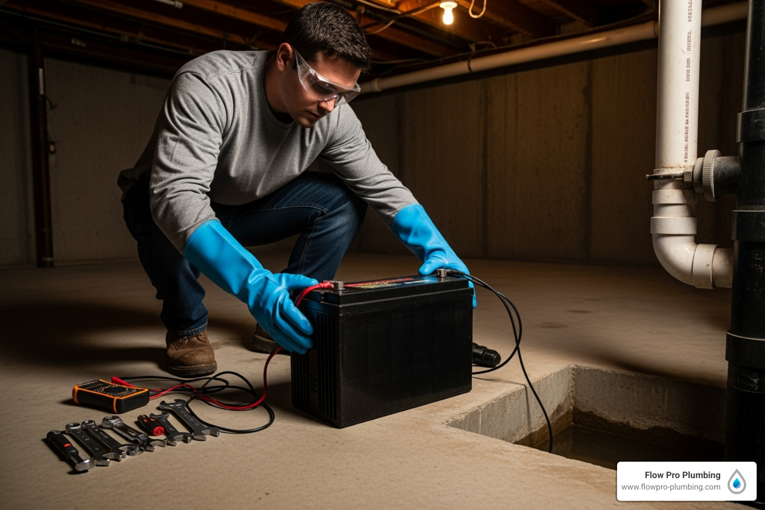 person wearing gloves and safety glasses preparing to work on a sump pump battery - sump pump battery replacement person wearing gloves and safety glasses preparing to work on a sump pump battery - sump pump battery replacement