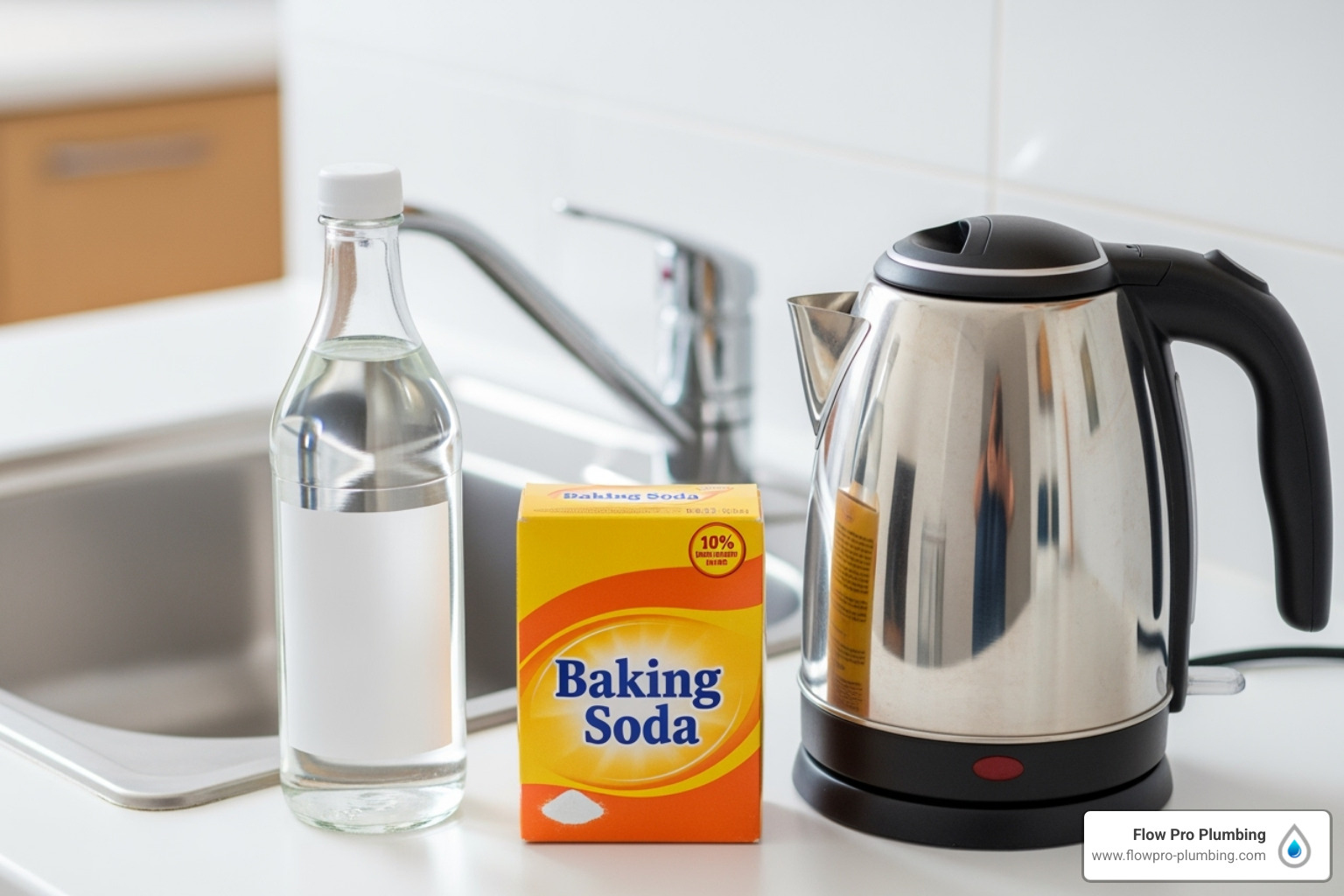 of baking soda, vinegar, and a kettle of hot water next to a sink - bathroom drain cleaning of baking soda, vinegar, and a kettle of hot water next to a sink - bathroom drain cleaning