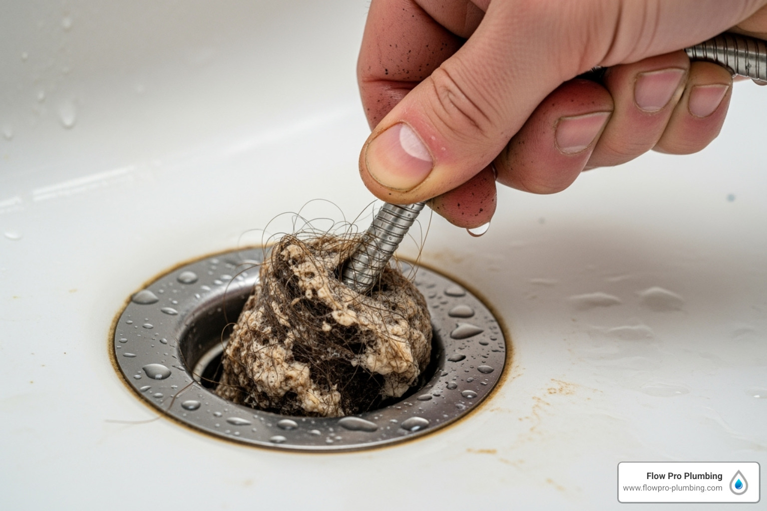 of hair and soap scum being pulled from a drain - bathroom drain cleaning of hair and soap scum being pulled from a drain - bathroom drain cleaning