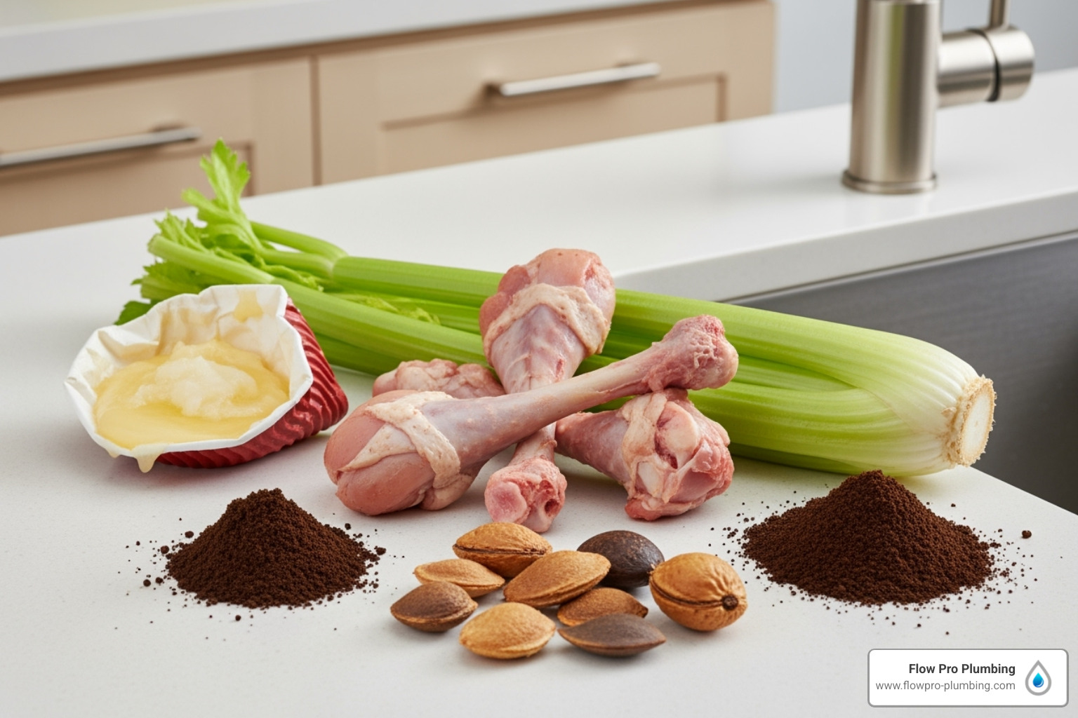 A visual guide showing common kitchen items that should never be put into a garbage disposal, including grease, bones, celery, coffee grounds, and fruit pits - Garbage disposal reset button A visual guide showing common kitchen items that should never be put into a garbage disposal, including grease, bones, celery, coffee grounds, and fruit pits - Garbage disposal reset button