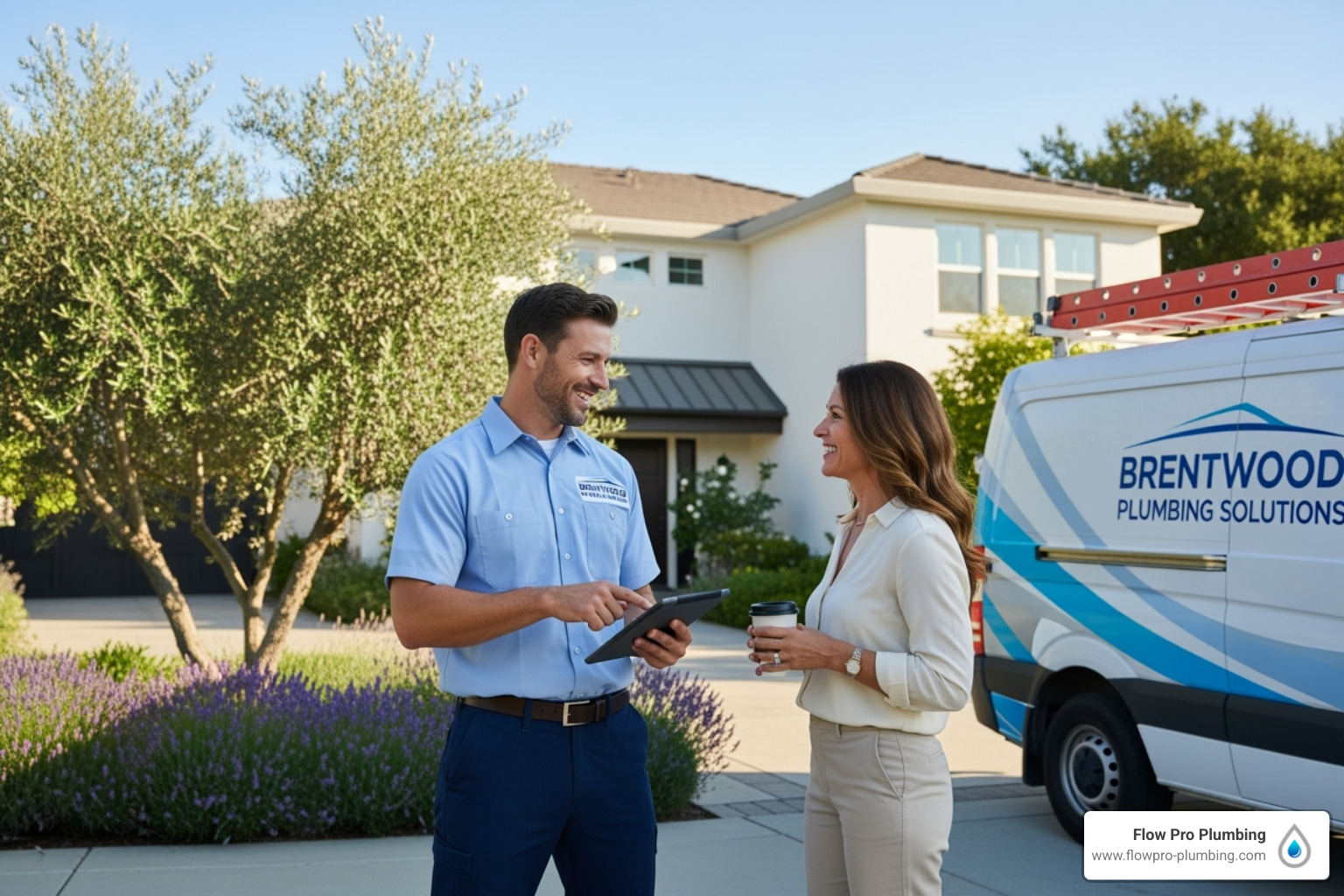 friendly plumber talking with a Brentwood homeowner - drain cleaning Brentwood friendly plumber talking with a Brentwood homeowner - drain cleaning Brentwood