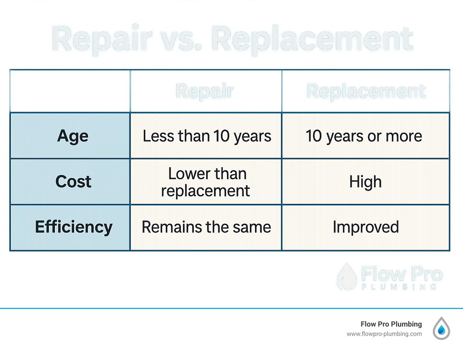 TABLE comparing repair vs. replacement based on age, cost, and efficiency - water heater repair brentwood infographic TABLE comparing repair vs. replacement based on age, cost, and efficiency - water heater repair brentwood infographic