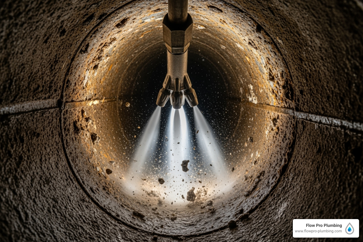 A hydro jetting nozzle spraying high-pressure water inside a pipe, illustrating the cleaning process. - drain cleaning Concord CA A hydro jetting nozzle spraying high-pressure water inside a pipe, illustrating the cleaning process. - drain cleaning Concord CA