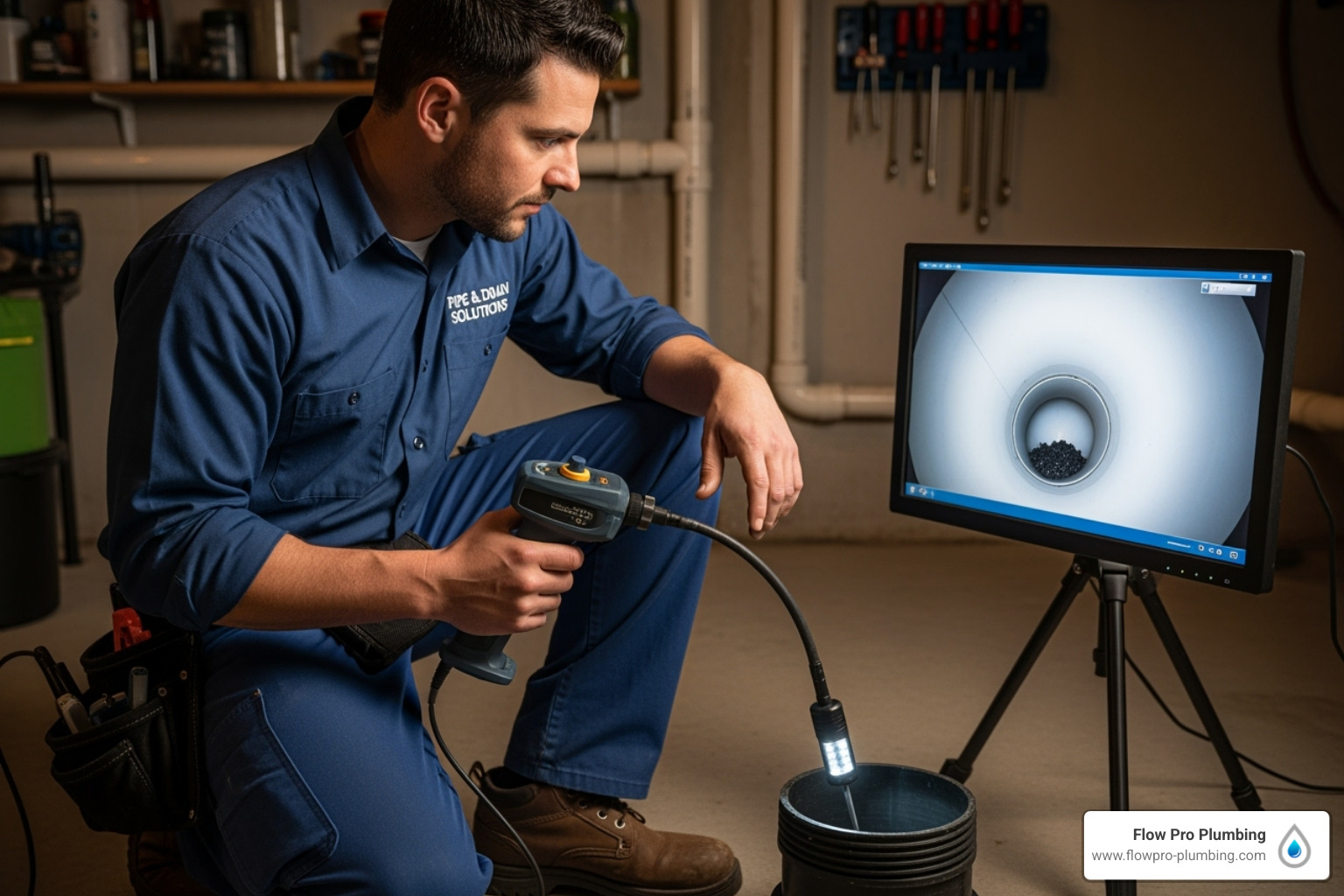 A professional plumber using a video camera inspection tool, with the camera head inserted into a drain pipe and the plumber observing the live feed on a monitor, showing a clear image of the pipe's interior. - drain cleaning Concord CA A professional plumber using a video camera inspection tool, with the camera head inserted into a drain pipe and the plumber observing the live feed on a monitor, showing a clear image of the pipe's interior. - drain cleaning Concord CA