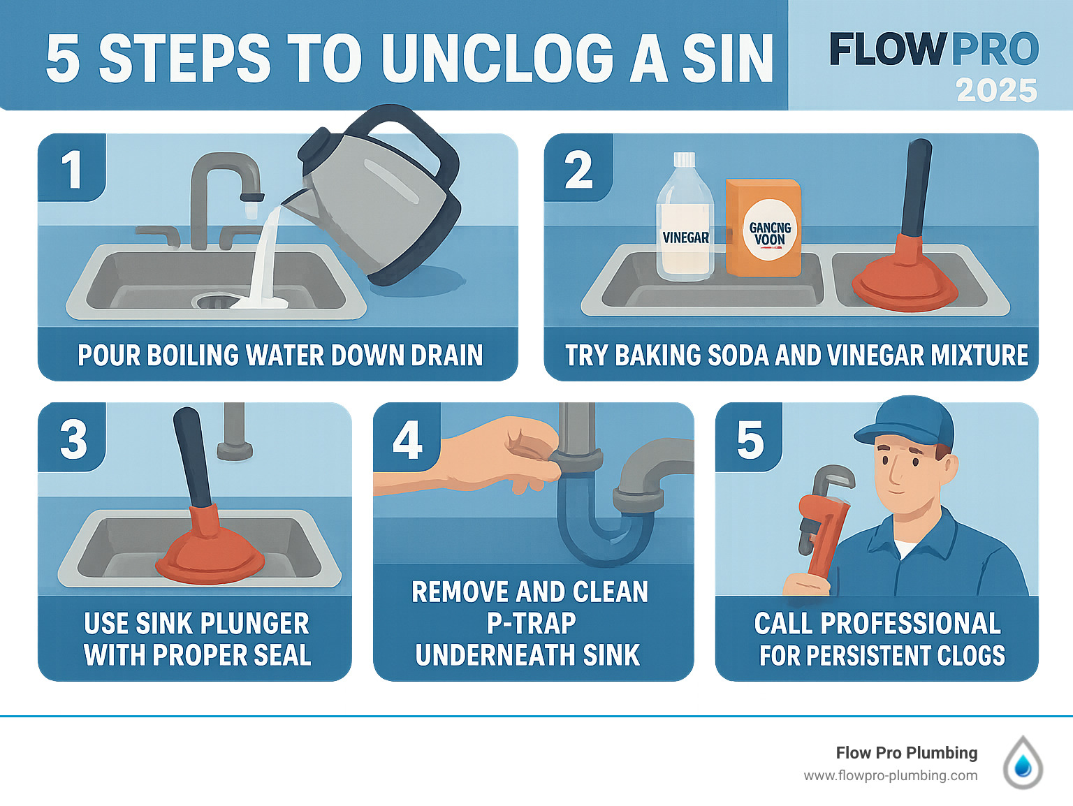 Infographic showing 5 steps to unclog a sink: Step 1 - Pour boiling water down drain, Step 2 - Try baking soda and vinegar mixture, Step 3 - Use sink plunger with proper seal, Step 4 - Remove and clean P-trap underneath sink, Step 5 - Call professional plumber for persistent clogs - fix clogged sink infographic Infographic showing 5 steps to unclog a sink: Step 1 - Pour boiling water down drain, Step 2 - Try baking soda and vinegar mixture, Step 3 - Use sink plunger with proper seal, Step 4 - Remove and clean P-trap underneath sink, Step 5 - Call professional plumber for persistent clogs - fix clogged sink infographic