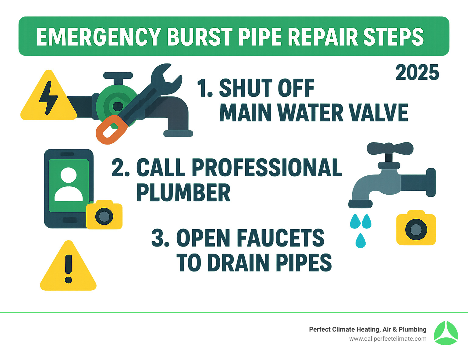 Emergency burst pipe repair steps infographic showing three main actions: 1. Shut off main water valve with wrench icon, 2. Call professional plumber with phone icon, 3. Open faucets to drain pipes with faucet icon, including warning symbols for electrical safety and documentation camera - burst pipe repair infographic Emergency burst pipe repair steps infographic showing three main actions: 1. Shut off main water valve with wrench icon, 2. Call professional plumber with phone icon, 3. Open faucets to drain pipes with faucet icon, including warning symbols for electrical safety and documentation camera - burst pipe repair infographic