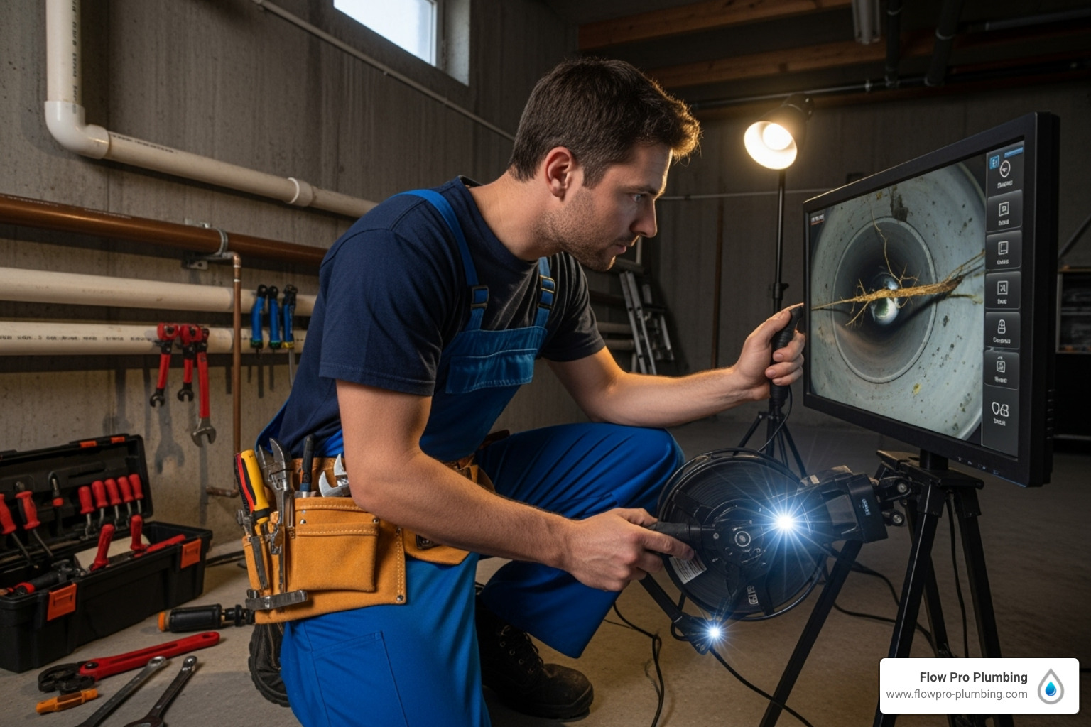 A plumber using a sewer camera inspection tool to inspect pipes - leak repair Oakley A plumber using a sewer camera inspection tool to inspect pipes - leak repair Oakley