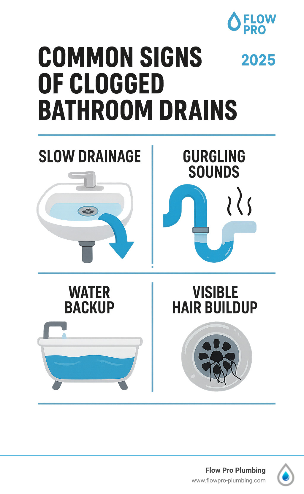 Common signs of clogged bathroom drains including slow drainage, gurgling sounds, bad odors, water backup, and visible hair buildup around drain openings - bathroom drain cleaning infographic Common signs of clogged bathroom drains including slow drainage, gurgling sounds, bad odors, water backup, and visible hair buildup around drain openings - bathroom drain cleaning infographic