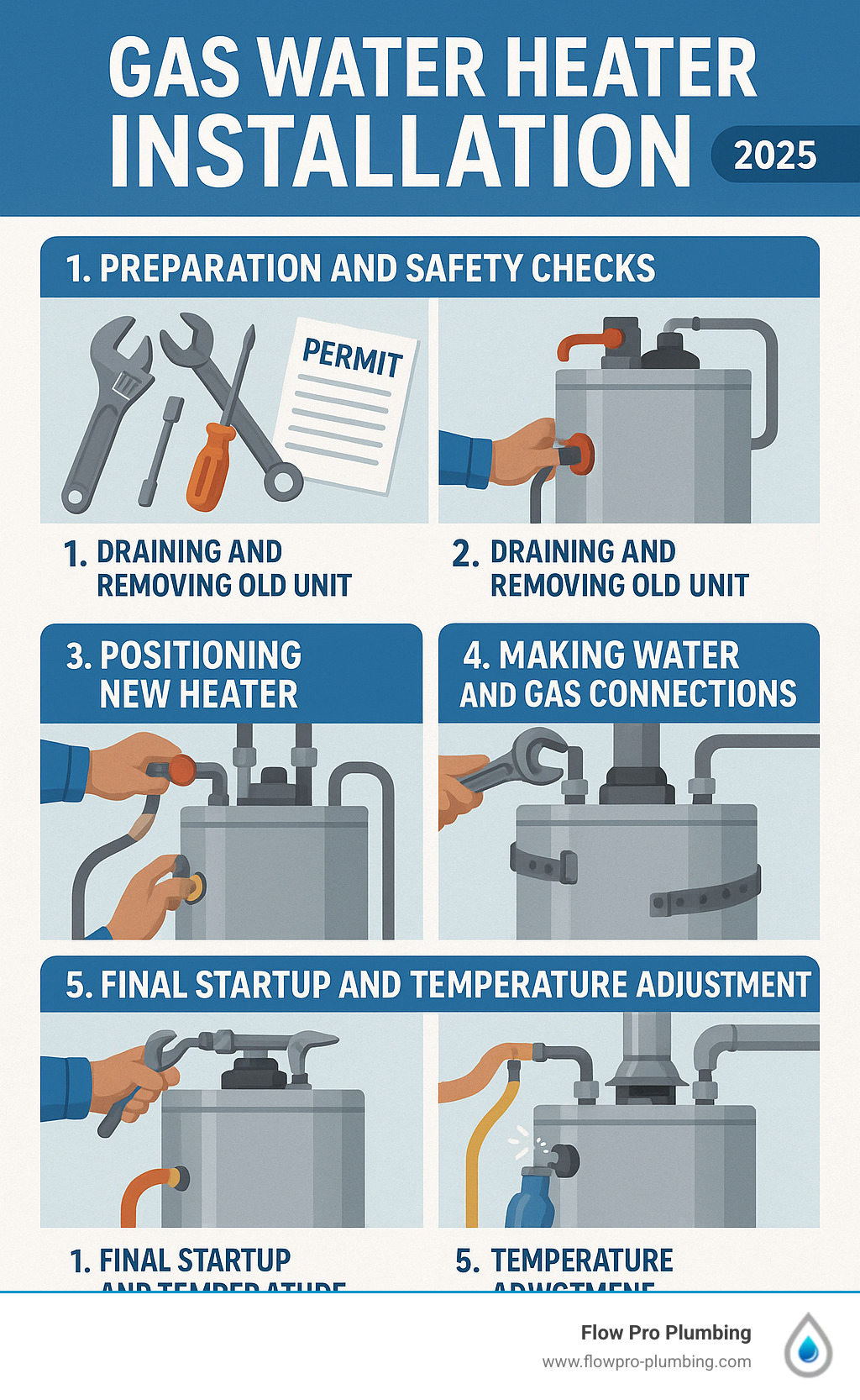 Detailed infographic showing the 5 main stages of gas water heater installation: 1) Preparation and safety checks with tools and permits, 2) Draining and removing old unit with proper disconnections, 3) Positioning new heater with leveling and seismic straps, 4) Making water and gas connections with leak testing, 5) Final startup and temperature adjustment with venting verification - gas water heater installation infographic Detailed infographic showing the 5 main stages of gas water heater installation: 1) Preparation and safety checks with tools and permits, 2) Draining and removing old unit with proper disconnections, 3) Positioning new heater with leveling and seismic straps, 4) Making water and gas connections with leak testing, 5) Final startup and temperature adjustment with venting verification - gas water heater installation infographic