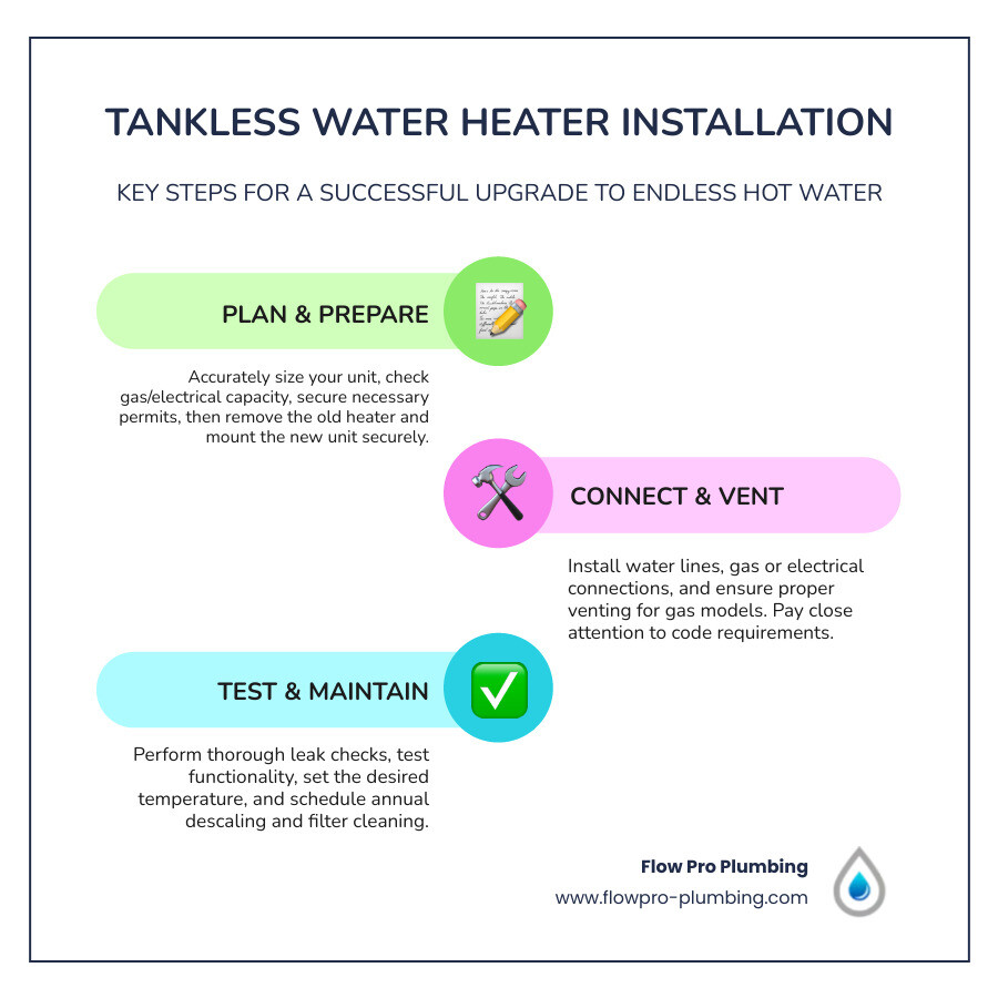 Detailed step-by-step infographic showing tankless water heater installation process from planning through testing, including gas line connections, water line hookups, venting requirements, and electrical connections for both gas and electric models - tankless water heater installation infographic infographic-line-3-steps-colors Detailed step-by-step infographic showing tankless water heater installation process from planning through testing, including gas line connections, water line hookups, venting requirements, and electrical connections for both gas and electric models - tankless water heater installation infographic infographic-line-3-steps-colors