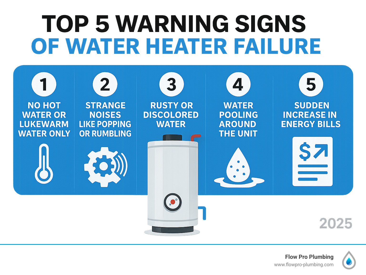 Infographic showing the top 5 warning signs of water heater failure: 1) No hot water or lukewarm water only, 2) Strange noises like popping or rumbling, 3) Rusty or discolored water, 4) Water pooling around the unit, 5) Sudden increase in energy bills - water heater repair brentwood infographic Infographic showing the top 5 warning signs of water heater failure: 1) No hot water or lukewarm water only, 2) Strange noises like popping or rumbling, 3) Rusty or discolored water, 4) Water pooling around the unit, 5) Sudden increase in energy bills - water heater repair brentwood infographic
