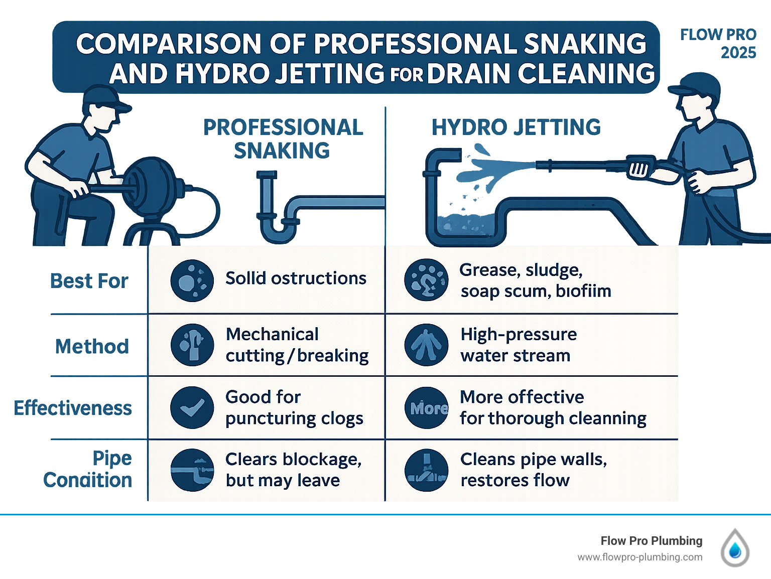 Comparison of professional snaking and hydro jetting for drain cleaning - bathroom drain cleaning infographic Comparison of professional snaking and hydro jetting for drain cleaning - bathroom drain cleaning infographic