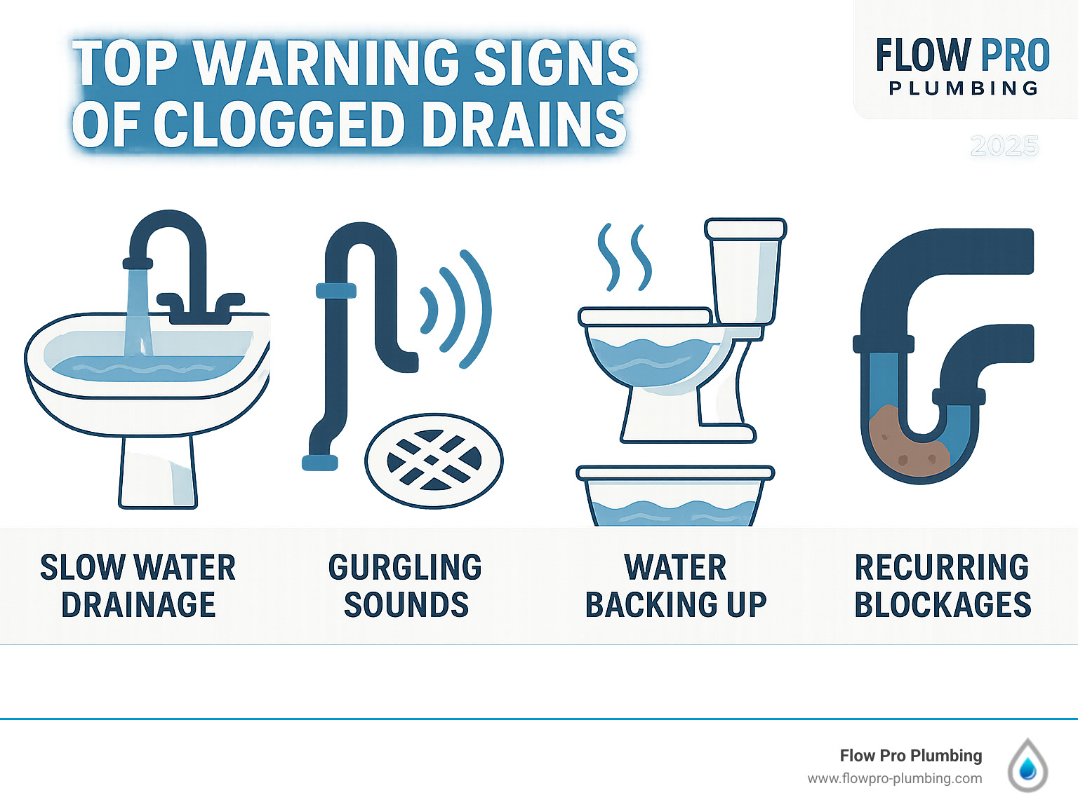 Infographic showing the top warning signs of clogged drains including slow water drainage, gurgling sounds from pipes, foul sewage odors, water backing up in multiple fixtures, and recurring blockages despite DIY attempts - drain cleaning Brentwood infographic Infographic showing the top warning signs of clogged drains including slow water drainage, gurgling sounds from pipes, foul sewage odors, water backing up in multiple fixtures, and recurring blockages despite DIY attempts - drain cleaning Brentwood infographic