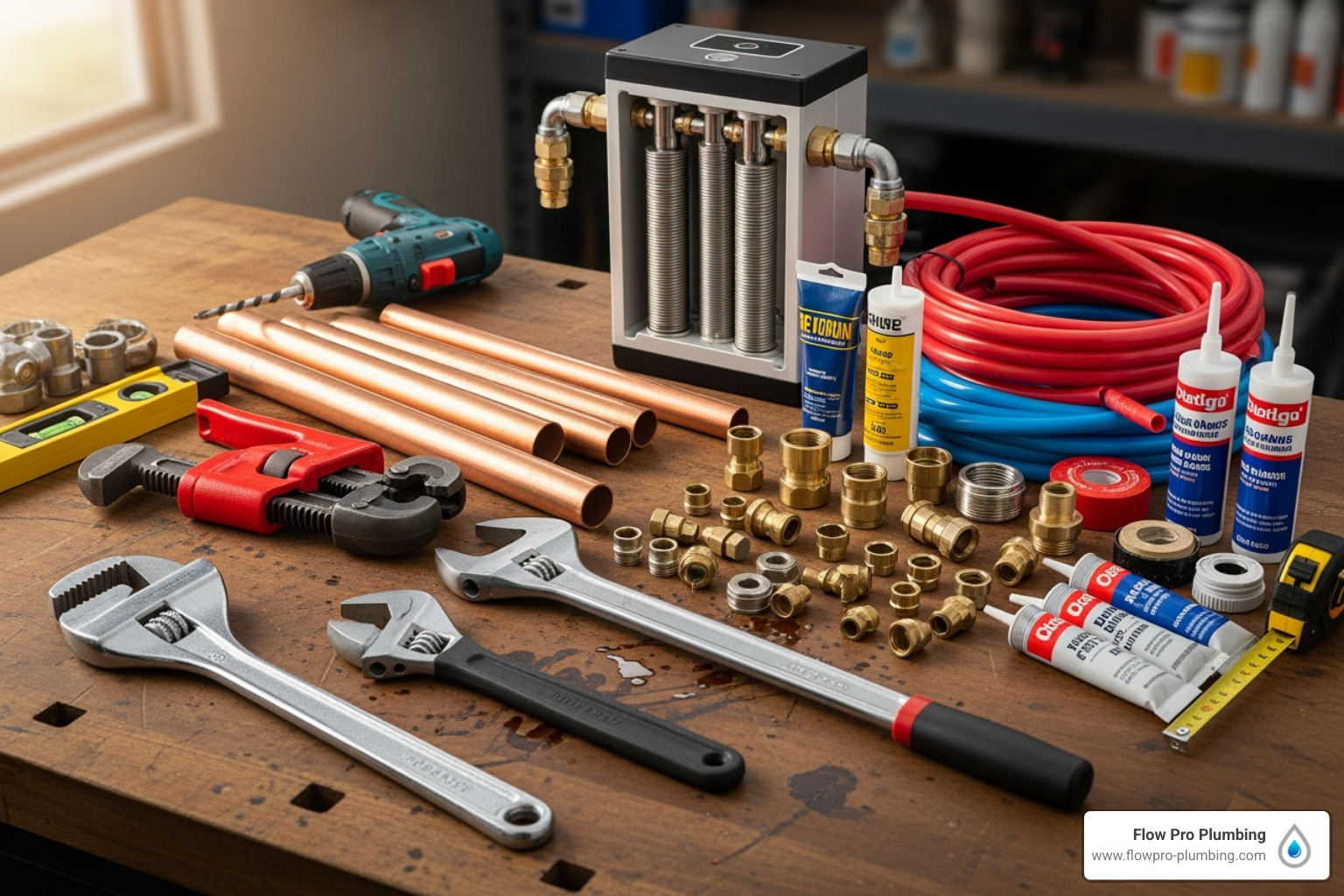 Tools and materials laid out for tankless water heater installation - tankless water heater installation Tools and materials laid out for tankless water heater installation - tankless water heater installation