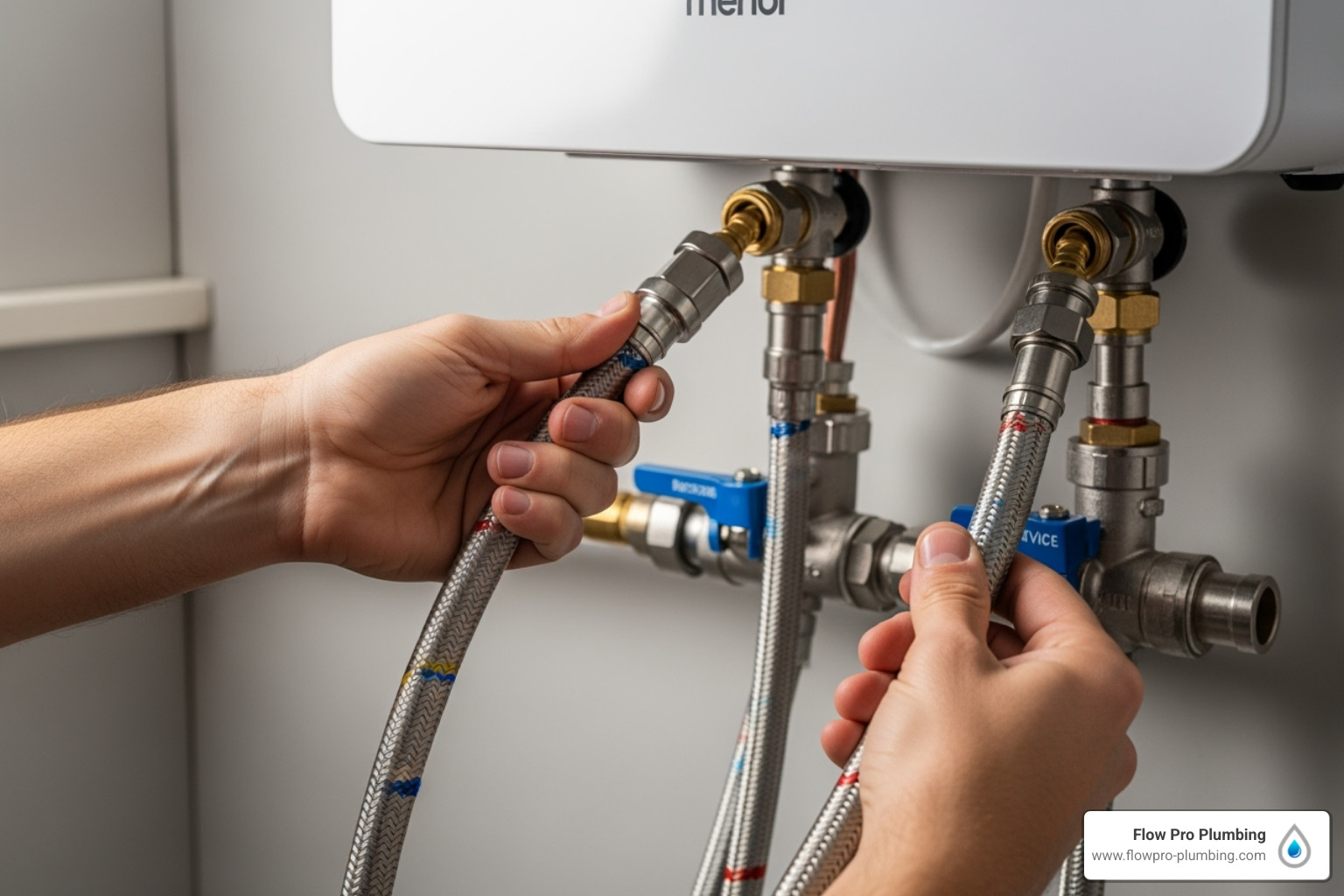 Connecting flexible water lines to the unit's inlet and outlet - tankless water heater installation Connecting flexible water lines to the unit's inlet and outlet - tankless water heater installation