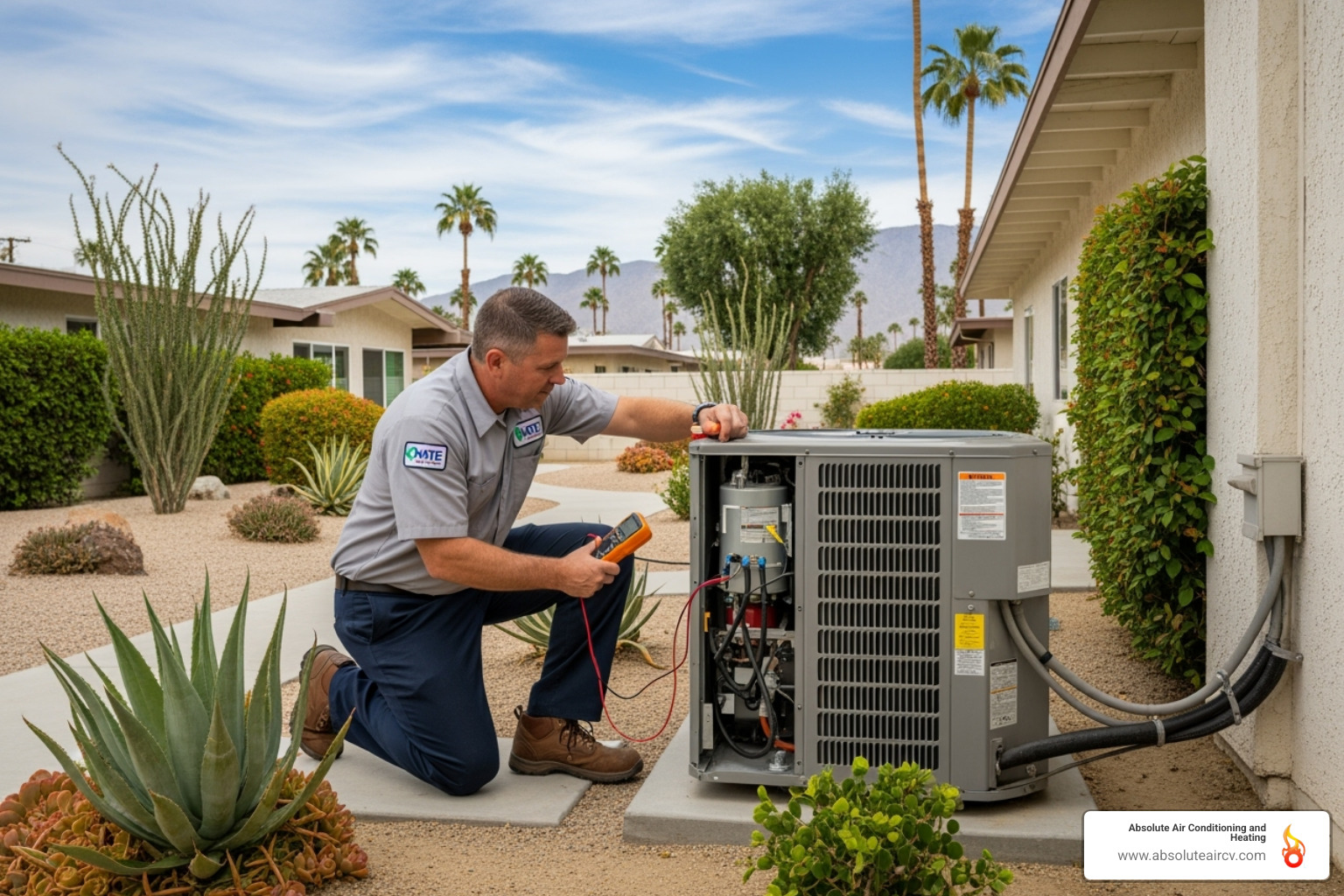 NATE-certified technician inspecting an outdoor AC unit - ac tune up palm springs NATE-certified technician inspecting an outdoor AC unit - ac tune up palm springs