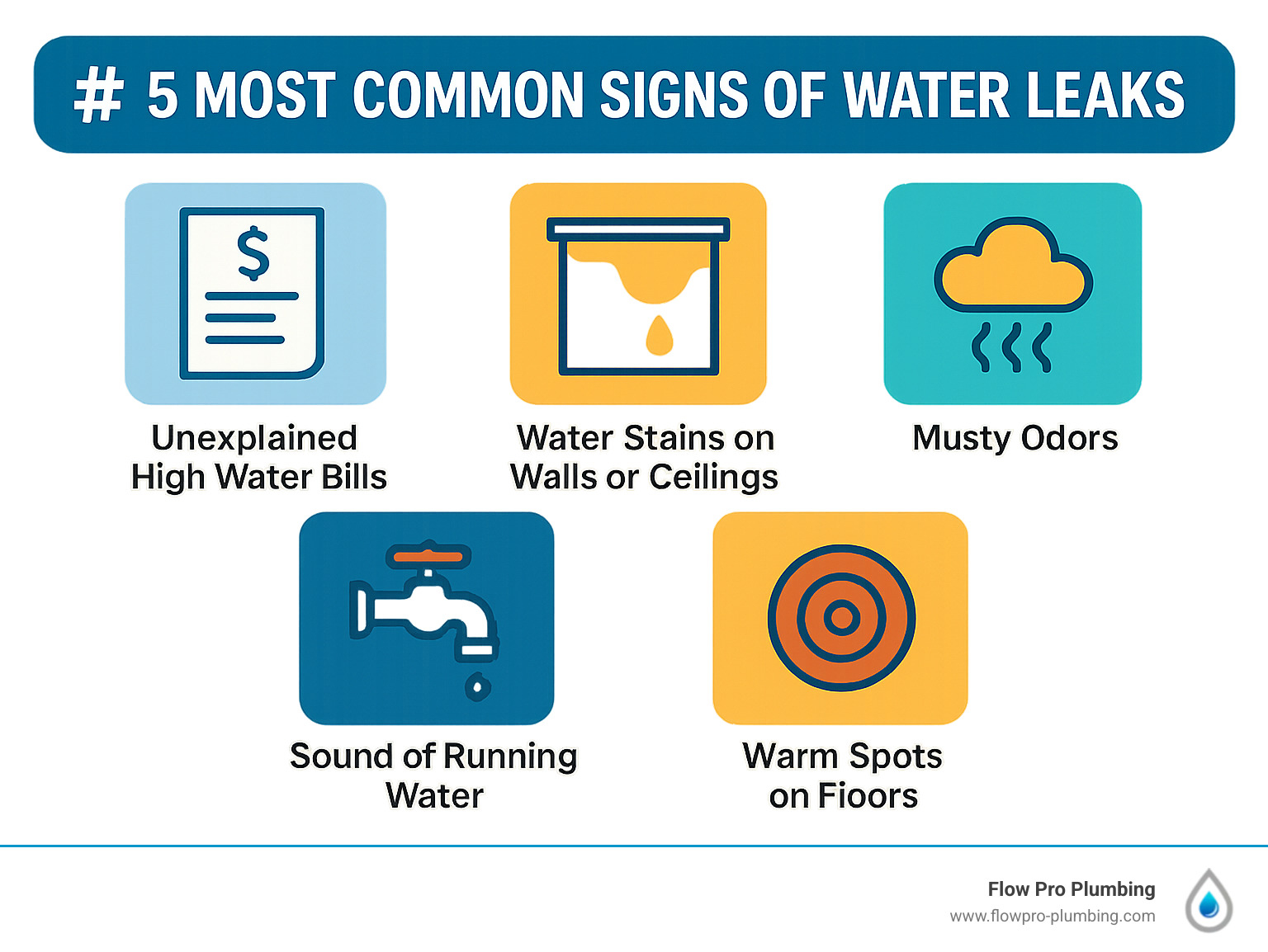 Infographic showing the 5 most common signs of water leaks: unexplained high water bills, water stains on walls or ceilings, musty odors indicating mold growth, sound of running water when fixtures are off, and warm spots on floors suggesting hot water line leaks - leak repair Oakley infographic Infographic showing the 5 most common signs of water leaks: unexplained high water bills, water stains on walls or ceilings, musty odors indicating mold growth, sound of running water when fixtures are off, and warm spots on floors suggesting hot water line leaks - leak repair Oakley infographic