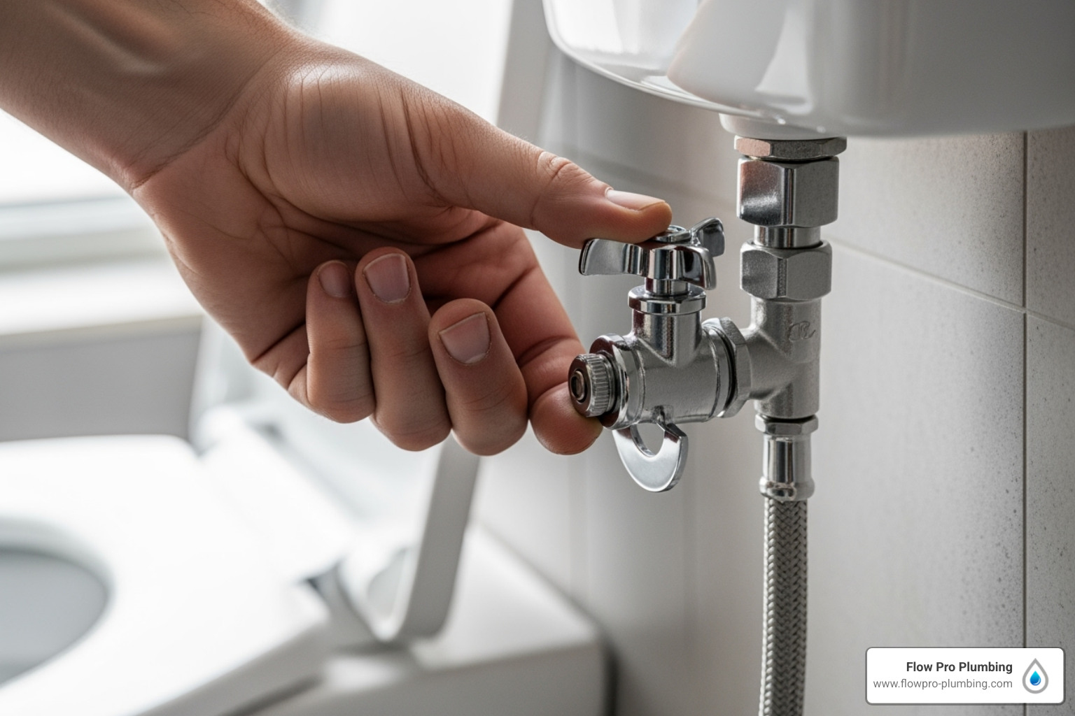 of a hand turning the water supply shut-off valve behind a toilet - Clogged toilet fix of a hand turning the water supply shut-off valve behind a toilet - Clogged toilet fix