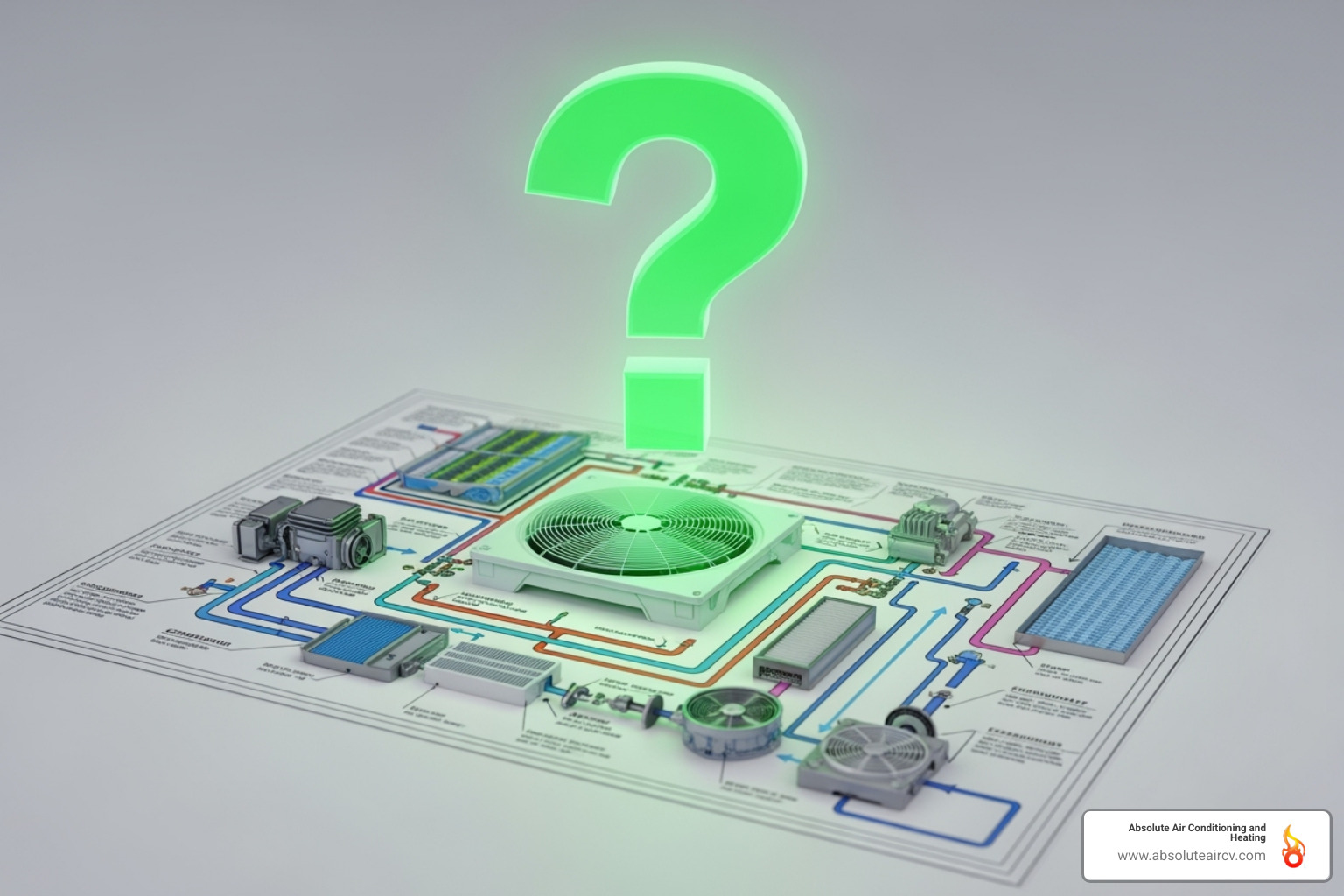 Question mark over a diagram of an AC system - ac tune up palm springs Question mark over a diagram of an AC system - ac tune up palm springs