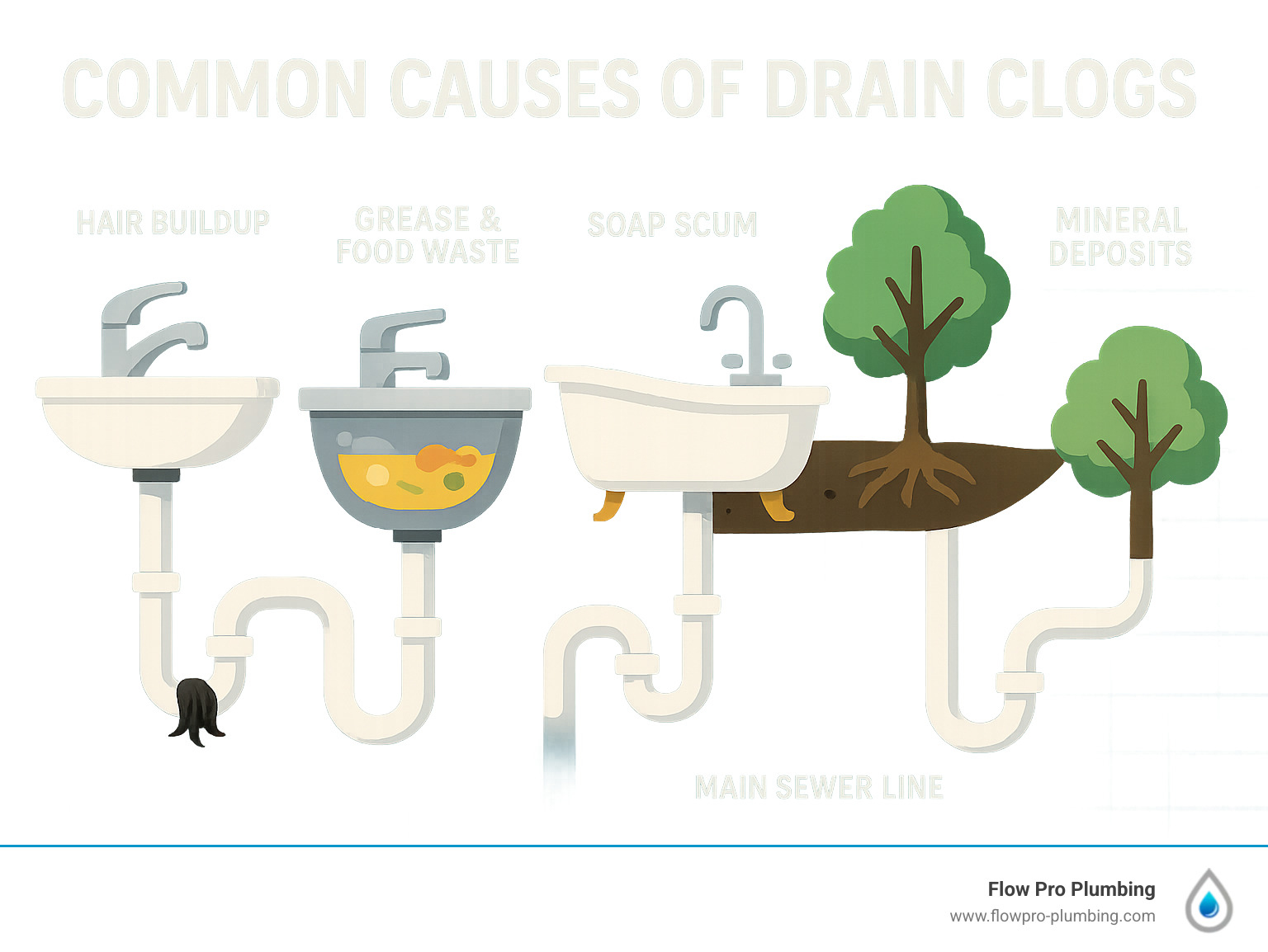 Infographic showing the most common causes of drain clogs including hair buildup in bathroom drains, grease and food waste in kitchen sinks, soap scum accumulation, tree root intrusion in main sewer lines, and mineral deposits from hard water, with visual representations of each clog type and their typical locations in home plumbing systems - drain cleaning Concord CA infographic Infographic showing the most common causes of drain clogs including hair buildup in bathroom drains, grease and food waste in kitchen sinks, soap scum accumulation, tree root intrusion in main sewer lines, and mineral deposits from hard water, with visual representations of each clog type and their typical locations in home plumbing systems - drain cleaning Concord CA infographic