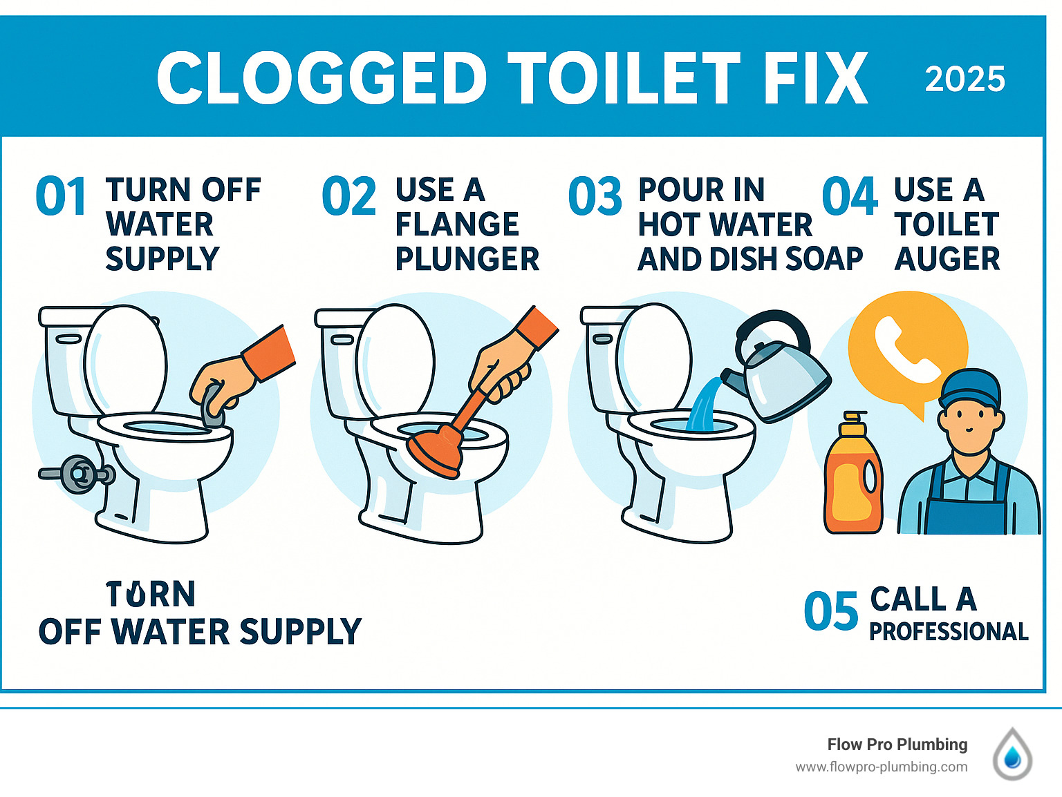 Step-by-step infographic showing the 5 main methods to fix a clogged toilet: turning off water supply, using a flange plunger with proper technique, pouring hot water and dish soap mixture, using a toilet auger for stubborn clogs, and recognizing when to call a professional plumber - Clogged toilet fix infographic Step-by-step infographic showing the 5 main methods to fix a clogged toilet: turning off water supply, using a flange plunger with proper technique, pouring hot water and dish soap mixture, using a toilet auger for stubborn clogs, and recognizing when to call a professional plumber - Clogged toilet fix infographic