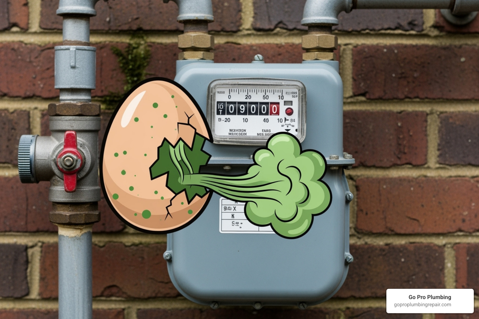 Image of a gas meter with a "rotten egg smell" icon - emergency plumbing rancho cordova