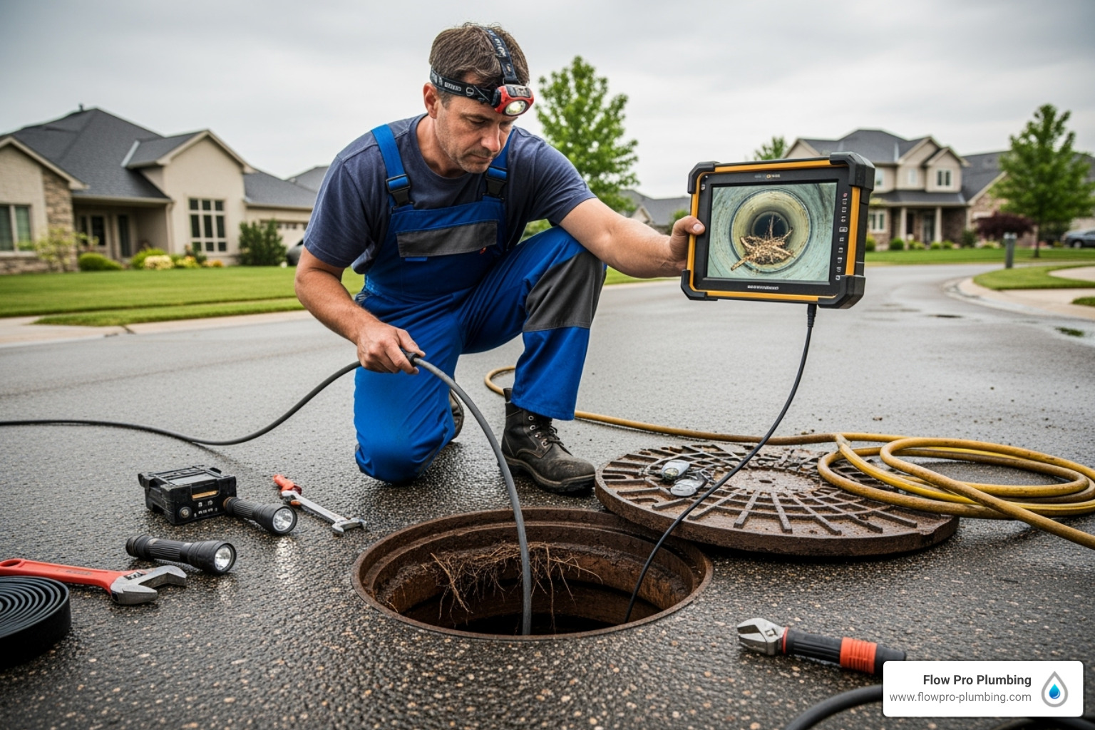 plumber performing a sewer camera inspection - Clogged sewer line solutions plumber performing a sewer camera inspection - Clogged sewer line solutions