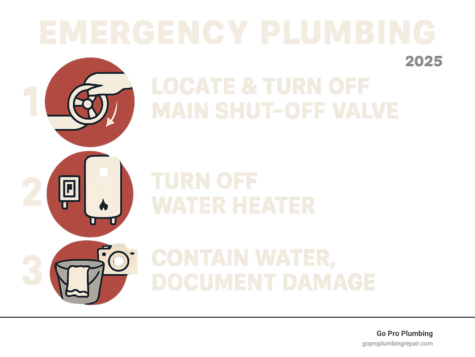 Infographic showing three critical emergency steps: 1. Locate and turn off main water shut-off valve clockwise, 2. Turn off water heater at circuit breaker or gas valve, 3. Contain water with towels and buckets while documenting damage with photos for insurance claims - emergency plumbing rancho cordova infographic 