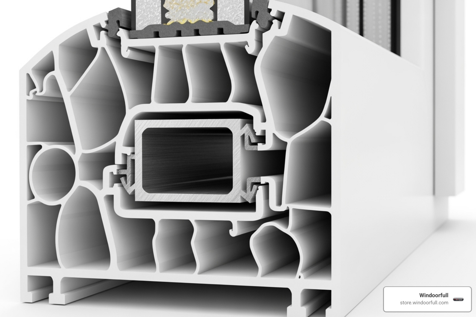 A cross-section of a uPVC tilt and turn window frame showing multi-chambers and steel reinforcement - Tilt and Turn Windows