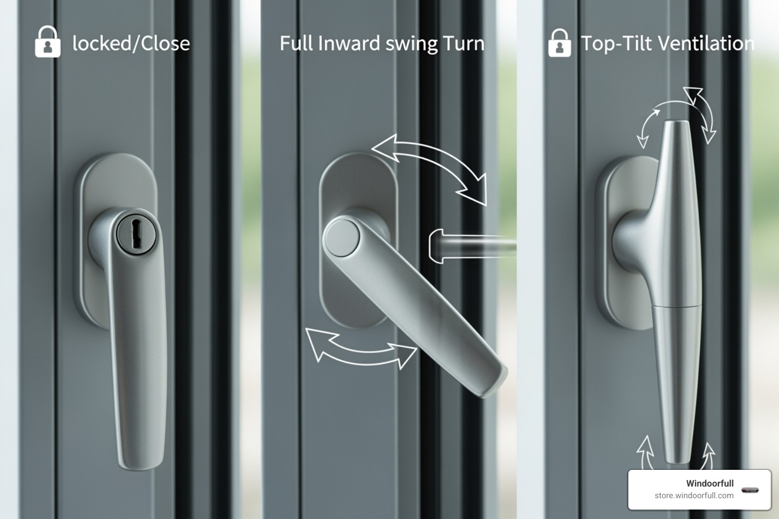A close-up on a tilt and turn window handle showing the three positions: down (locked), side (turn), and up (tilt) - Tilt and Turn Windows