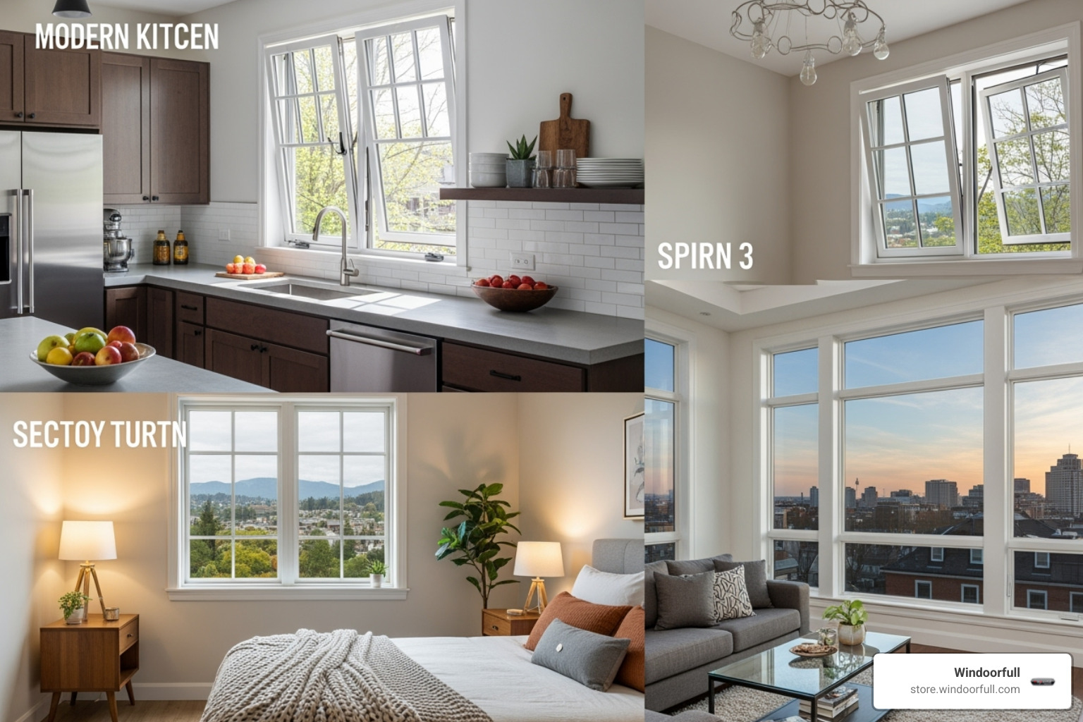 A gallery showcasing tilt and turn windows in various settings: kitchen, bedroom, and a large living space - Tilt and Turn Windows
