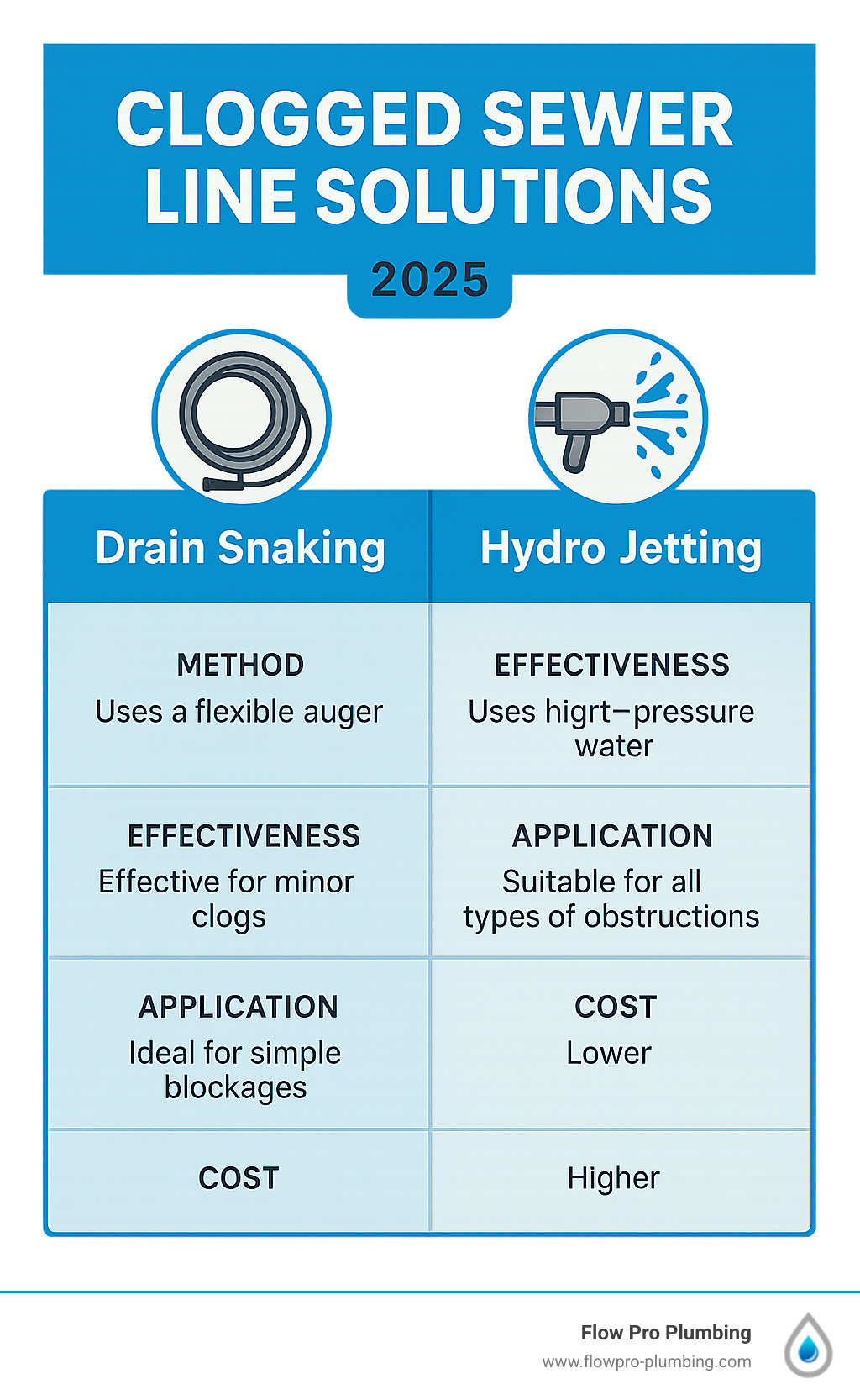 table comparing Drain Snaking vs. Hydro Jetting - Clogged sewer line solutions infographic table comparing Drain Snaking vs. Hydro Jetting - Clogged sewer line solutions infographic