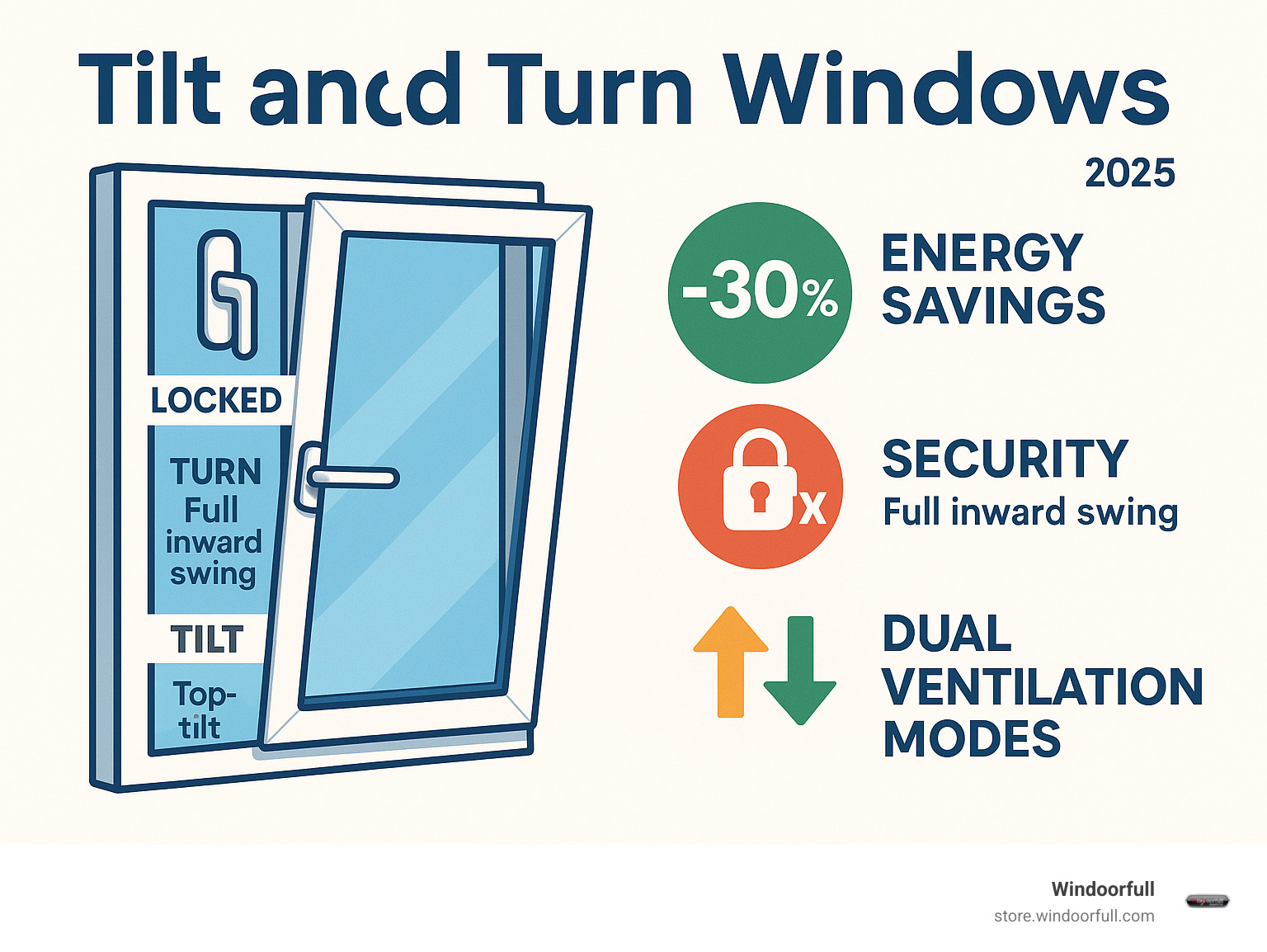 Comprehensive infographic showing tilt and turn window operation with single handle control, displaying three positions: down for locked/closed, horizontal for full inward swing (turn), and vertical for top-tilt ventilation, along with key benefits including 30% energy savings, 3x security improvement, and dual ventilation modes - Tilt and Turn Windows infographic 