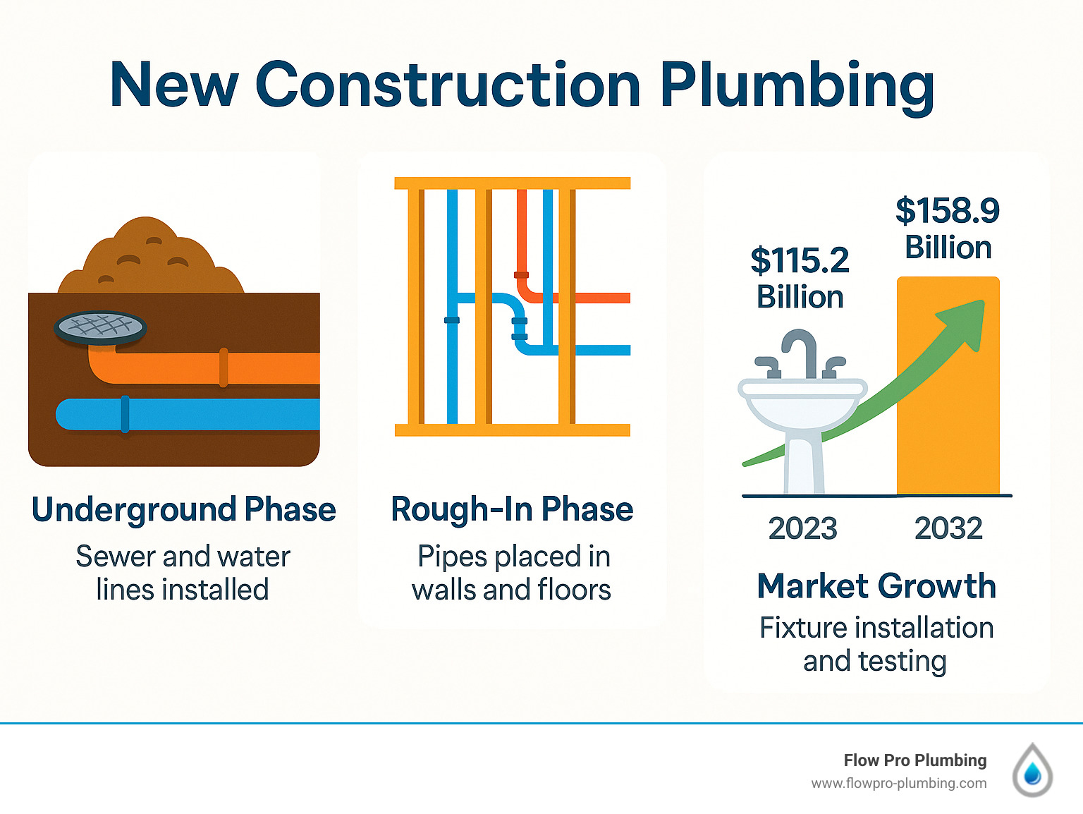 Infographic showing the three phases of new construction plumbing: Underground installation with sewer and water lines, Rough-in phase with pipes placed in walls and floors, and Finish phase with fixture installation and testing, alongside market growth statistics from $115.2 billion in 2023 to projected $158.9 billion by 2032 - New construction plumbing infographic Infographic showing the three phases of new construction plumbing: Underground installation with sewer and water lines, Rough-in phase with pipes placed in walls and floors, and Finish phase with fixture installation and testing, alongside market growth statistics from $115.2 billion in 2023 to projected $158.9 billion by 2032 - New construction plumbing infographic