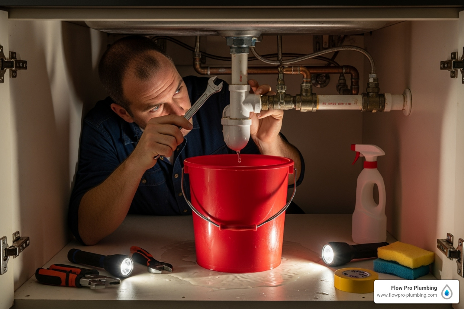 person working under a sink with a bucket to catch water - install new sink person working under a sink with a bucket to catch water - install new sink