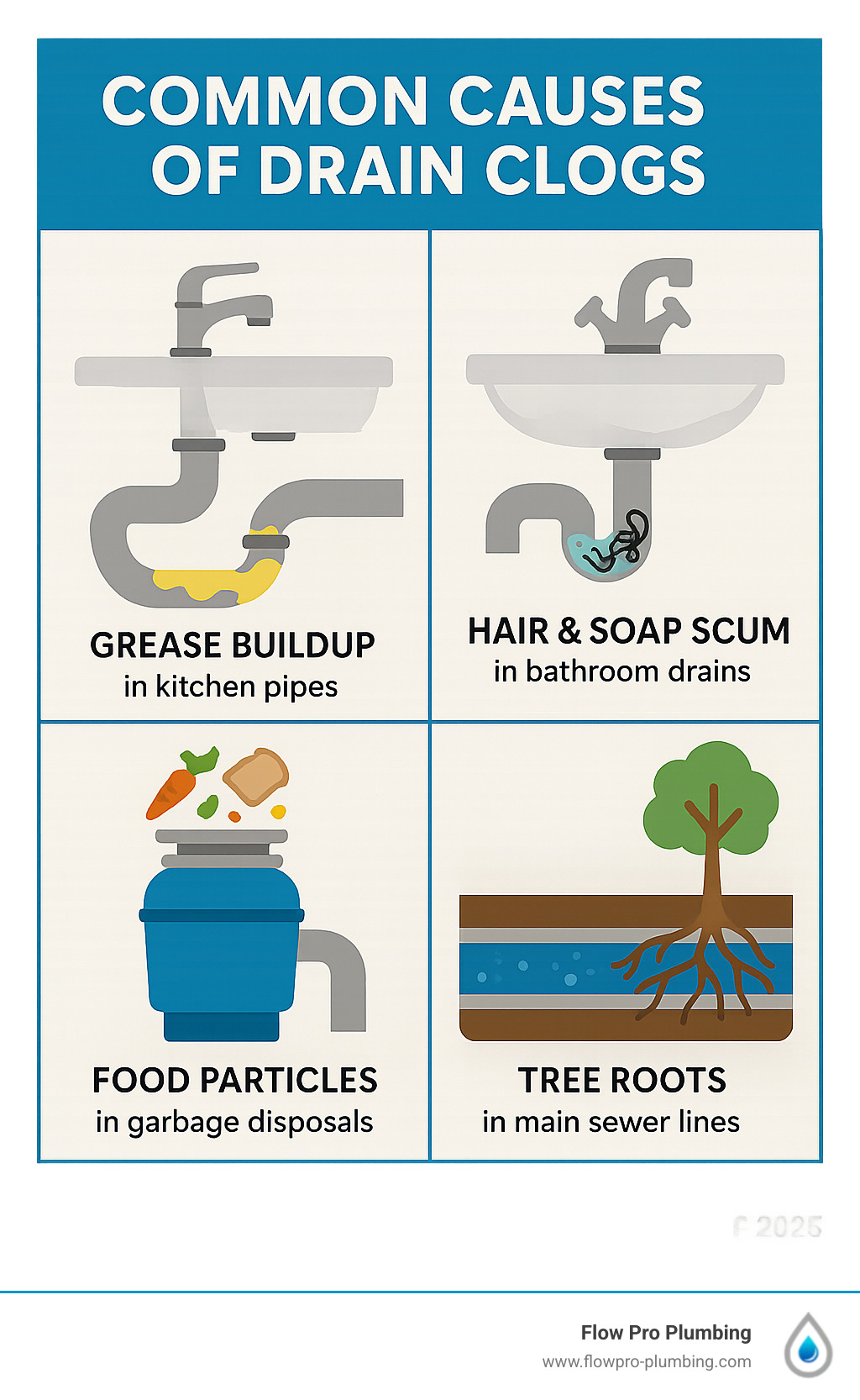 Infographic showing common causes of drain clogs including grease buildup in kitchen pipes, hair and soap scum in bathroom drains, food particles in garbage disposals, and tree roots in main sewer lines - drain cleaning brentwood infographic Infographic showing common causes of drain clogs including grease buildup in kitchen pipes, hair and soap scum in bathroom drains, food particles in garbage disposals, and tree roots in main sewer lines - drain cleaning brentwood infographic