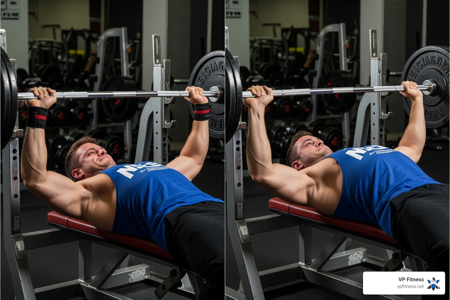 Image illustrating the difference between flared elbows and properly tucked elbows - Bench press form Image illustrating the difference between flared elbows and properly tucked elbows - Bench press form