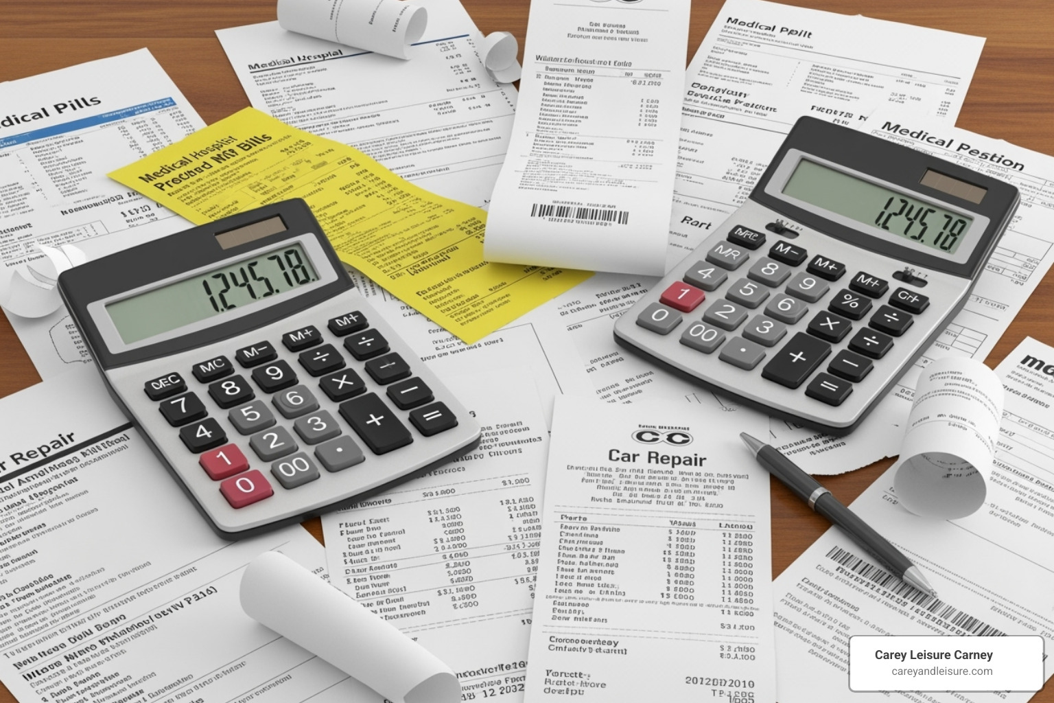 Image of a calculator with medical bills and car repair receipts - traffic accident lawyers near me