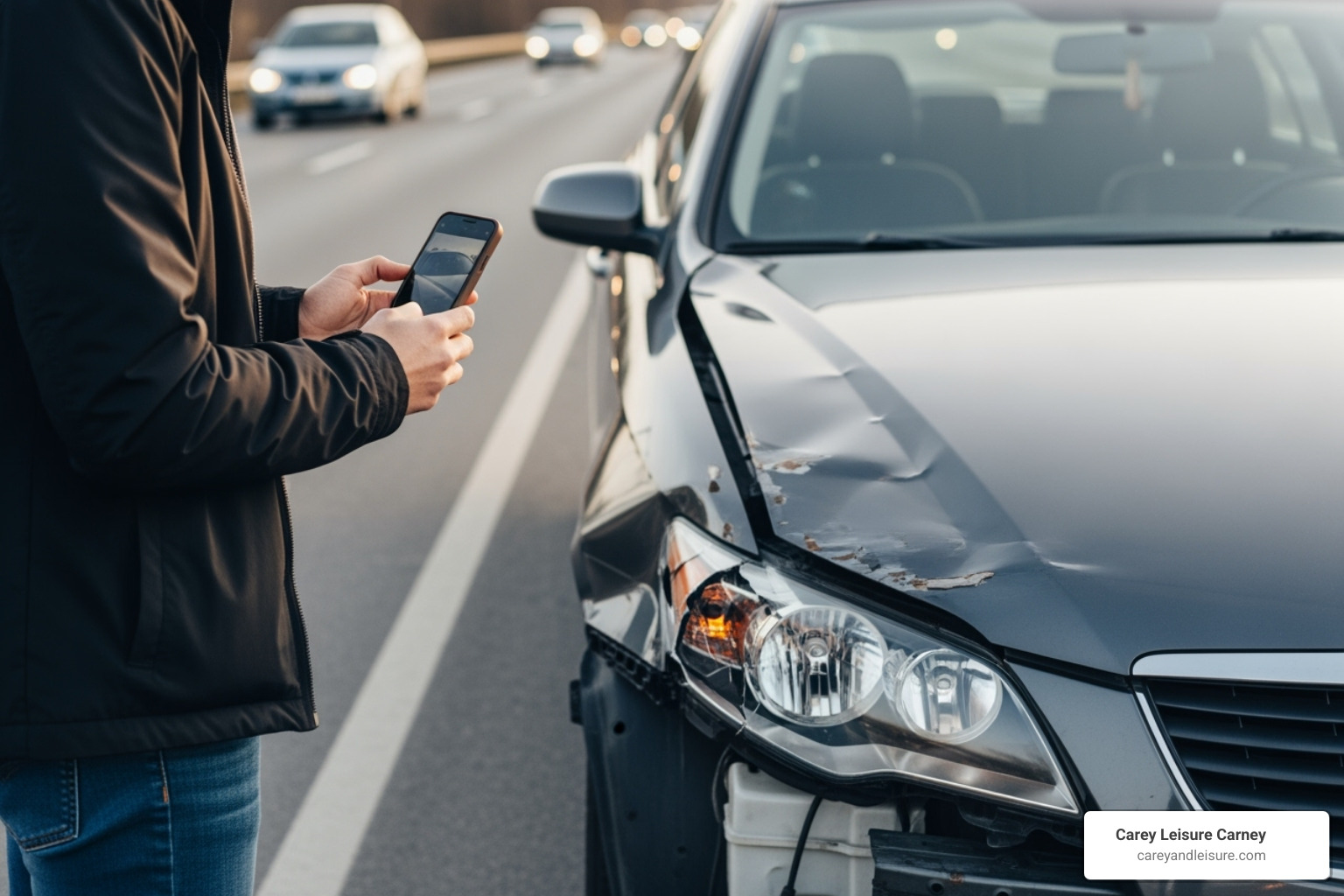 Image of a driver taking photos of car damage with a smartphone - traffic accident lawyers near me