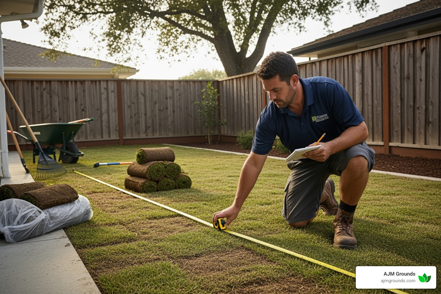 a landscaper measuring a yard for sod - cost to re sod yard