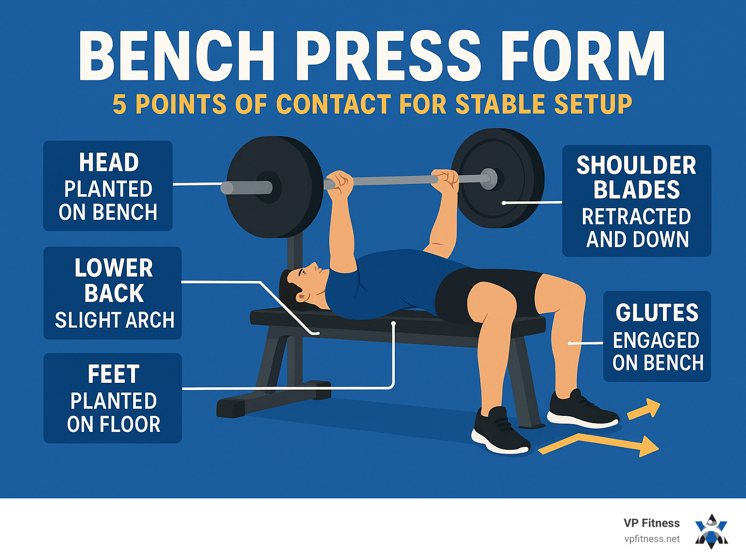 Infographic showing the 5 points of contact for stable bench press setup: head planted on bench, shoulder blades retracted and down, slight lower back arch, glutes engaged on bench, and feet firmly planted on floor with proper positioning for leg drive - Bench press form infographic Infographic showing the 5 points of contact for stable bench press setup: head planted on bench, shoulder blades retracted and down, slight lower back arch, glutes engaged on bench, and feet firmly planted on floor with proper positioning for leg drive - Bench press form infographic