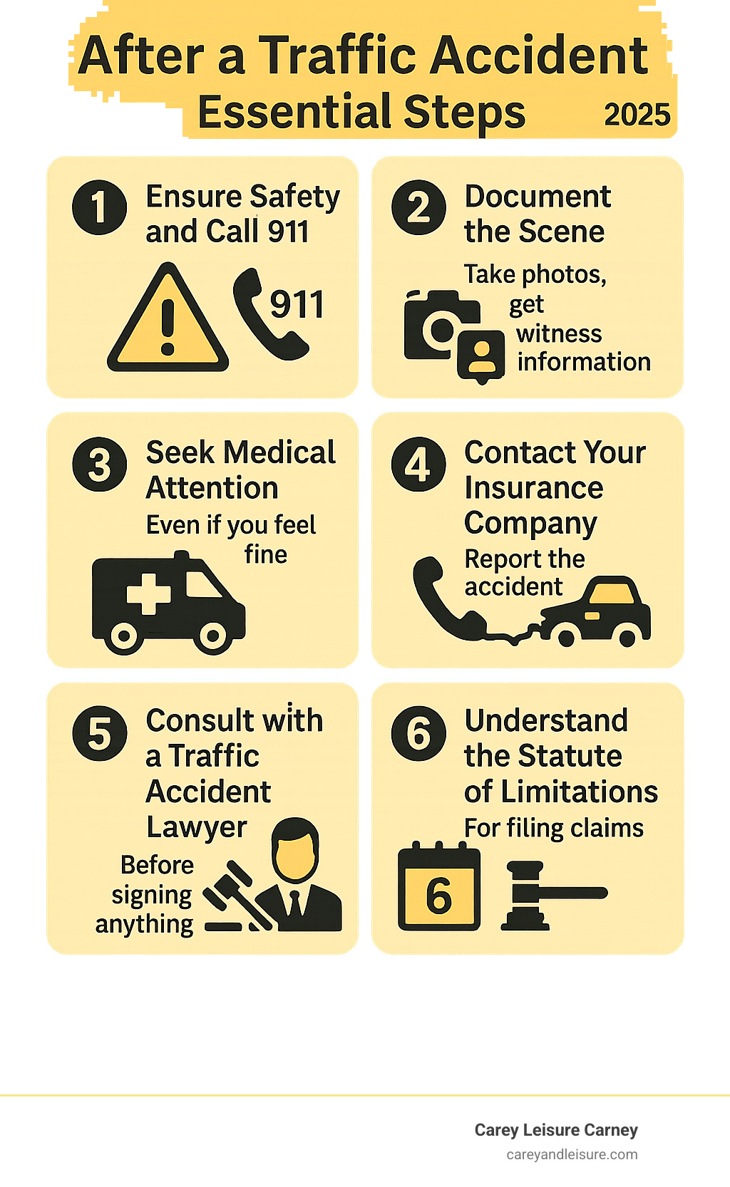 Comprehensive infographic showing the essential steps after a traffic accident: 1) Ensure safety and call 911, 2) Document the scene with photos and witness information, 3) Seek immediate medical attention even if you feel fine, 4) Contact your insurance company to report the accident, 5) Consult with a local traffic accident lawyer before signing anything, 6) Understand your state's statute of limitations for filing claims - traffic accident lawyers near me infographic 