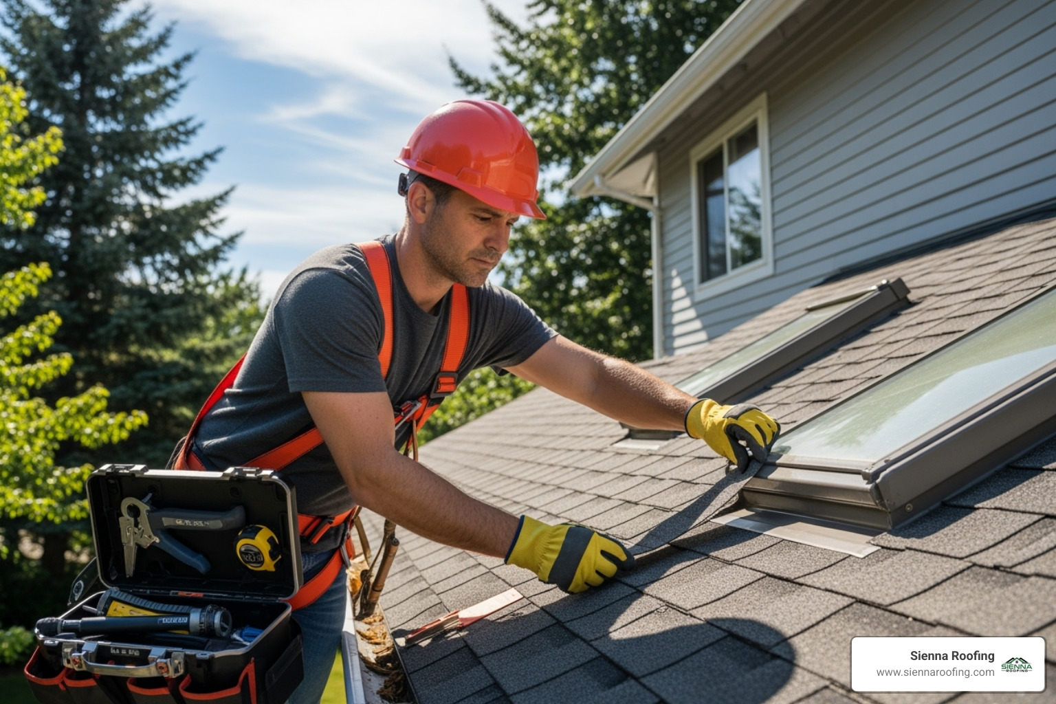 A professional roofer in safety gear conducting a detailed roof inspection on a residential roof - Roofing company Sugar Land