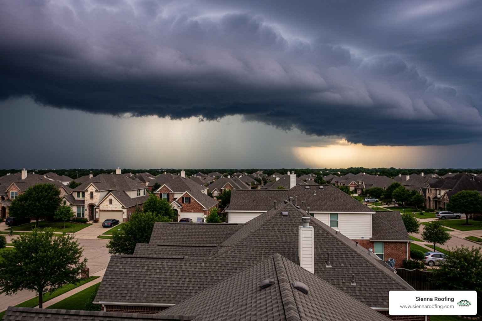 Dramatic storm clouds forming over a residential area in Texas, with clear signs of proper roof installation and maintenance on the homes below - Roofing company Sugar Land