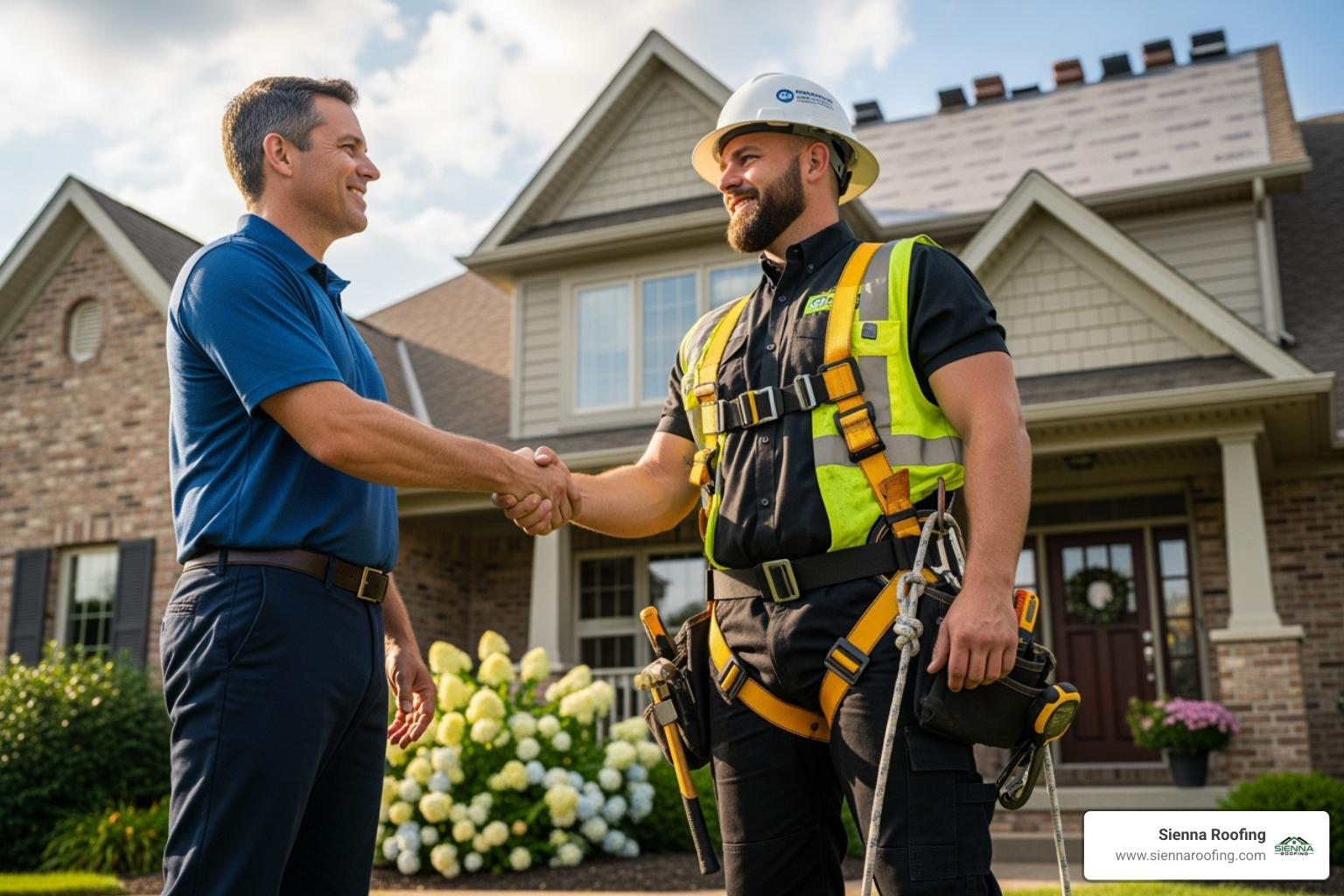 A homeowner smiling and shaking hands with a uniformed roofer in front of their house, both wearing appropriate safety gear - Roofing company Sugar Land