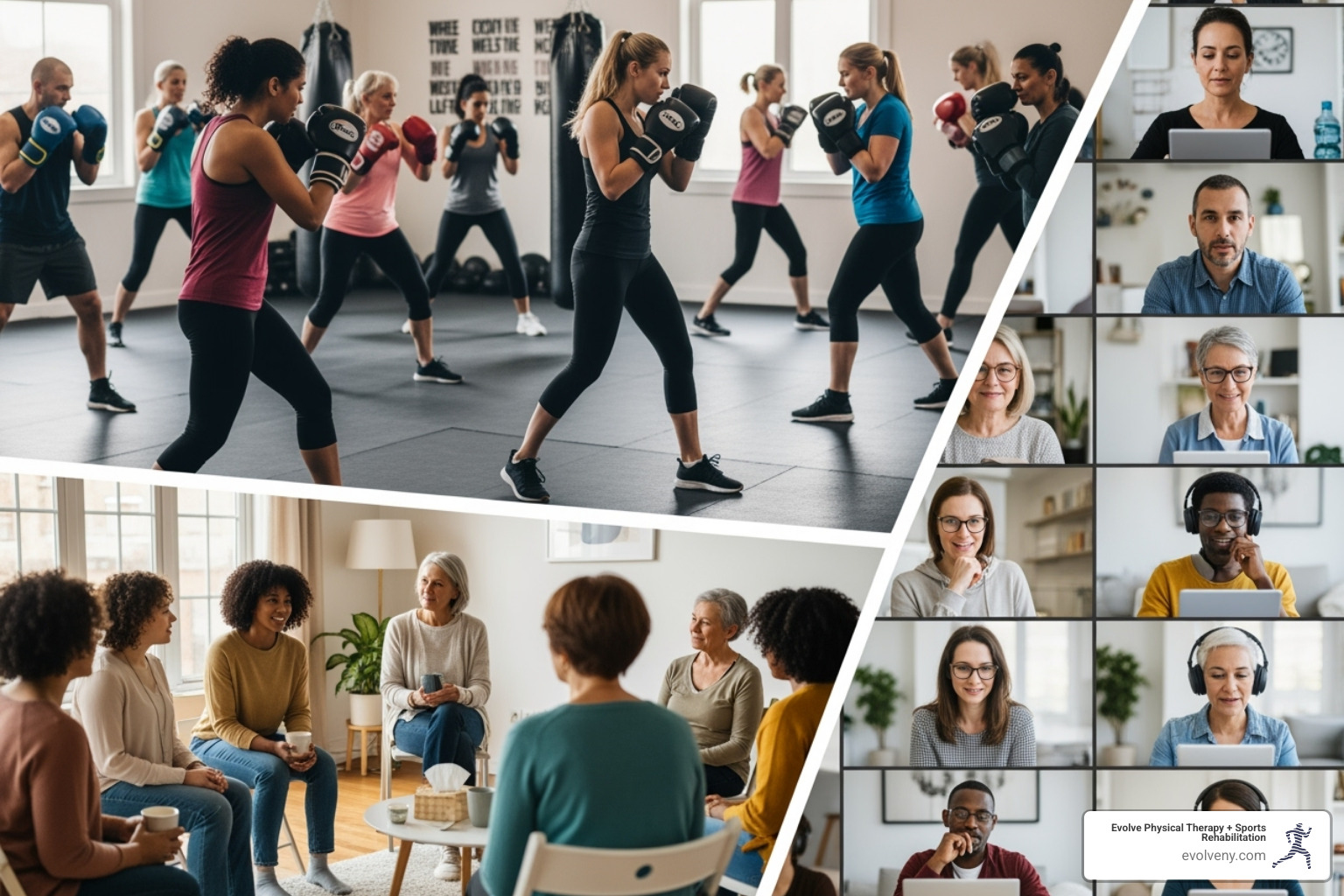 collage of different group types (e.g., a boxing class, a women's group, a Zoom call) - parkinson's disease support group collage of different group types (e.g., a boxing class, a women's group, a Zoom call) - parkinson's disease support group