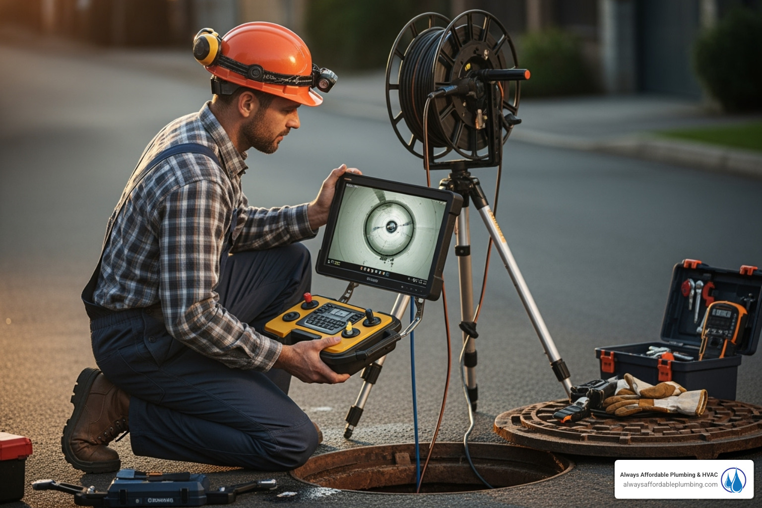 A plumber using a modern sewer camera to inspect a pipe, showcasing advanced tools - plumber folsom ca