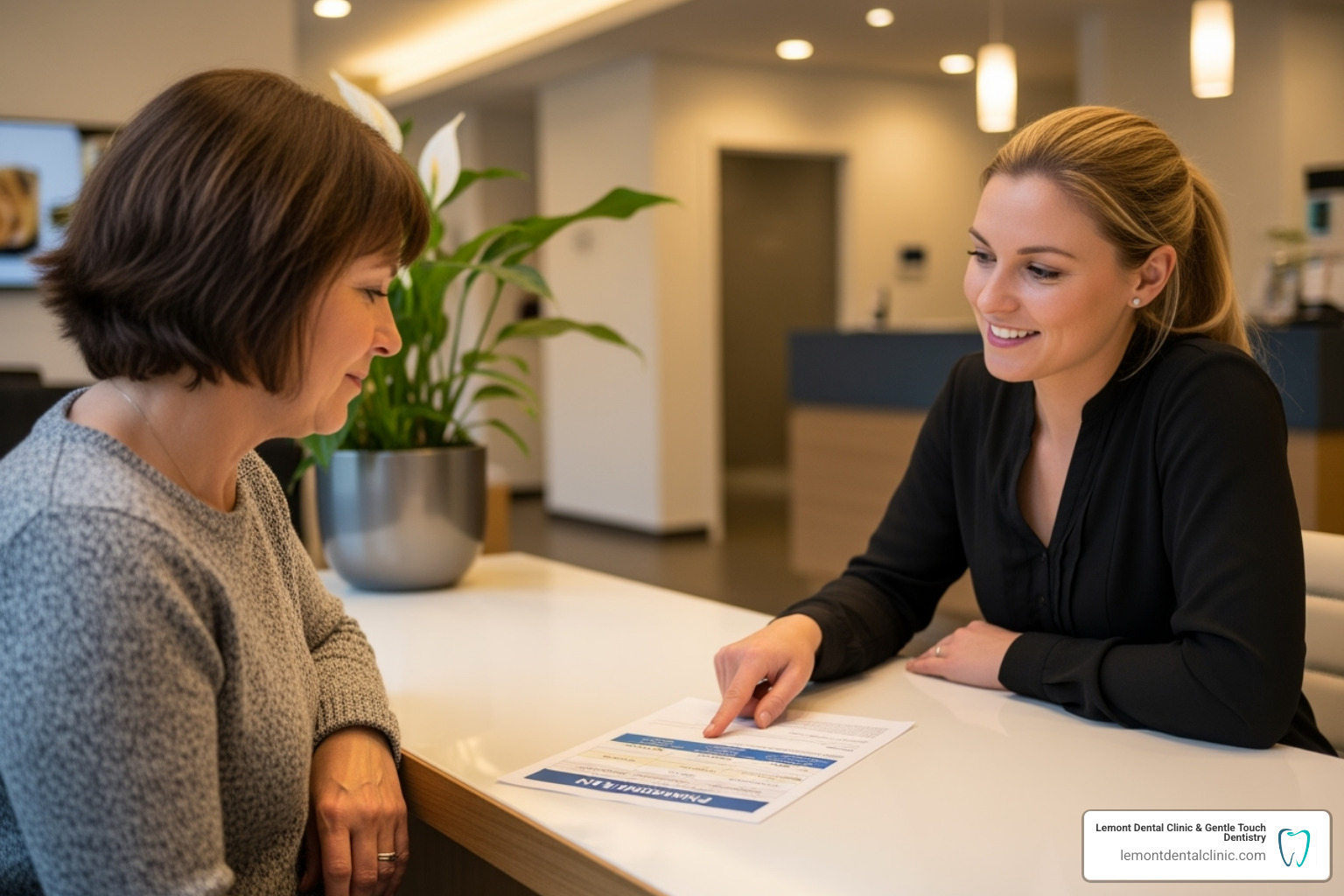 A person reviewing a financial plan with a friendly dental office administrator - price of dental implants