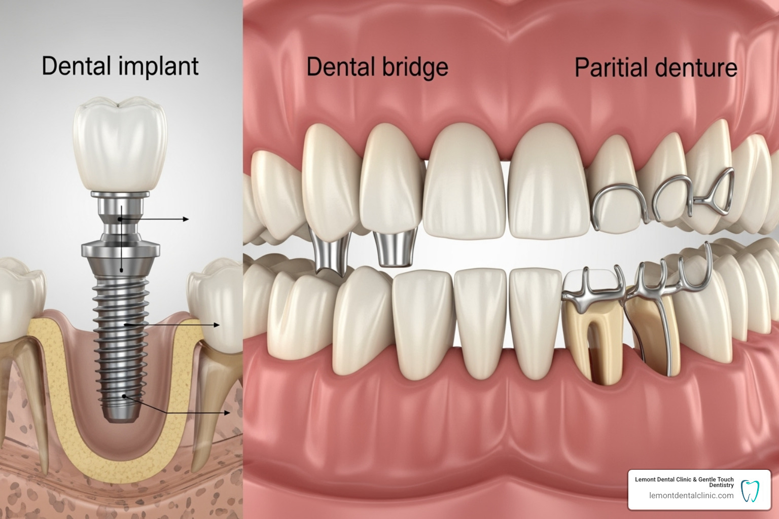 Comparison of a dental implant, a dental bridge, and a partial denture - price of dental implants