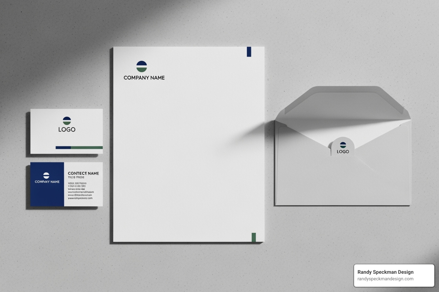 Business card, letterhead, and envelope with consistent branding - designing print materials that rock your digital branding